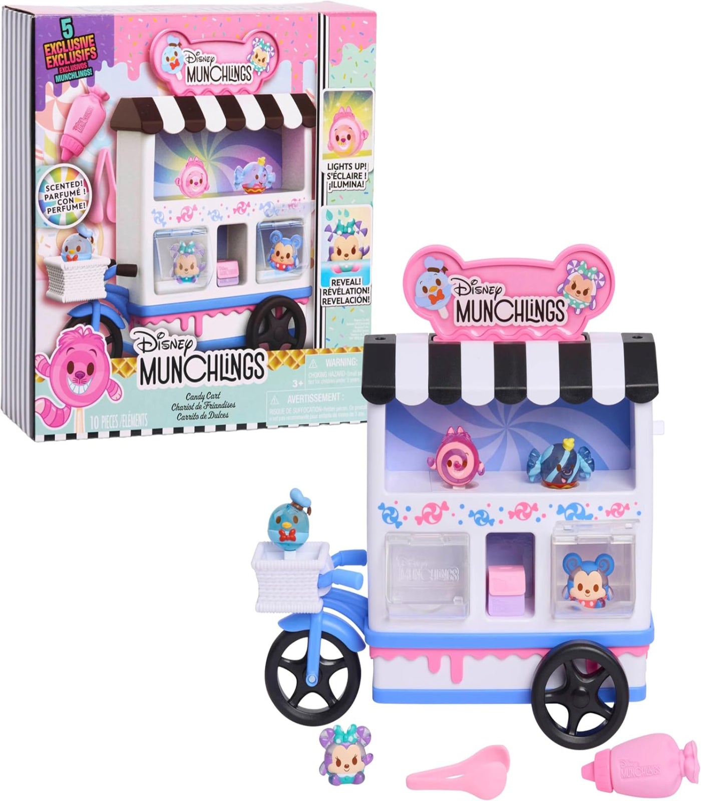 Toy candy cart with Disney Munchlings branding and packaging in the background.