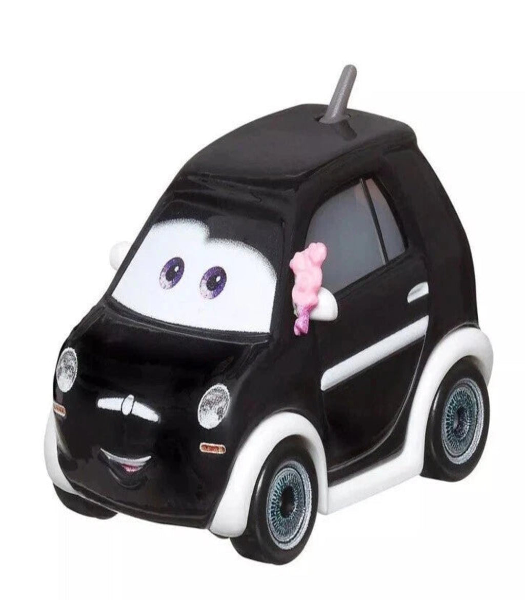 Toy car with a face and pink bow on a white background