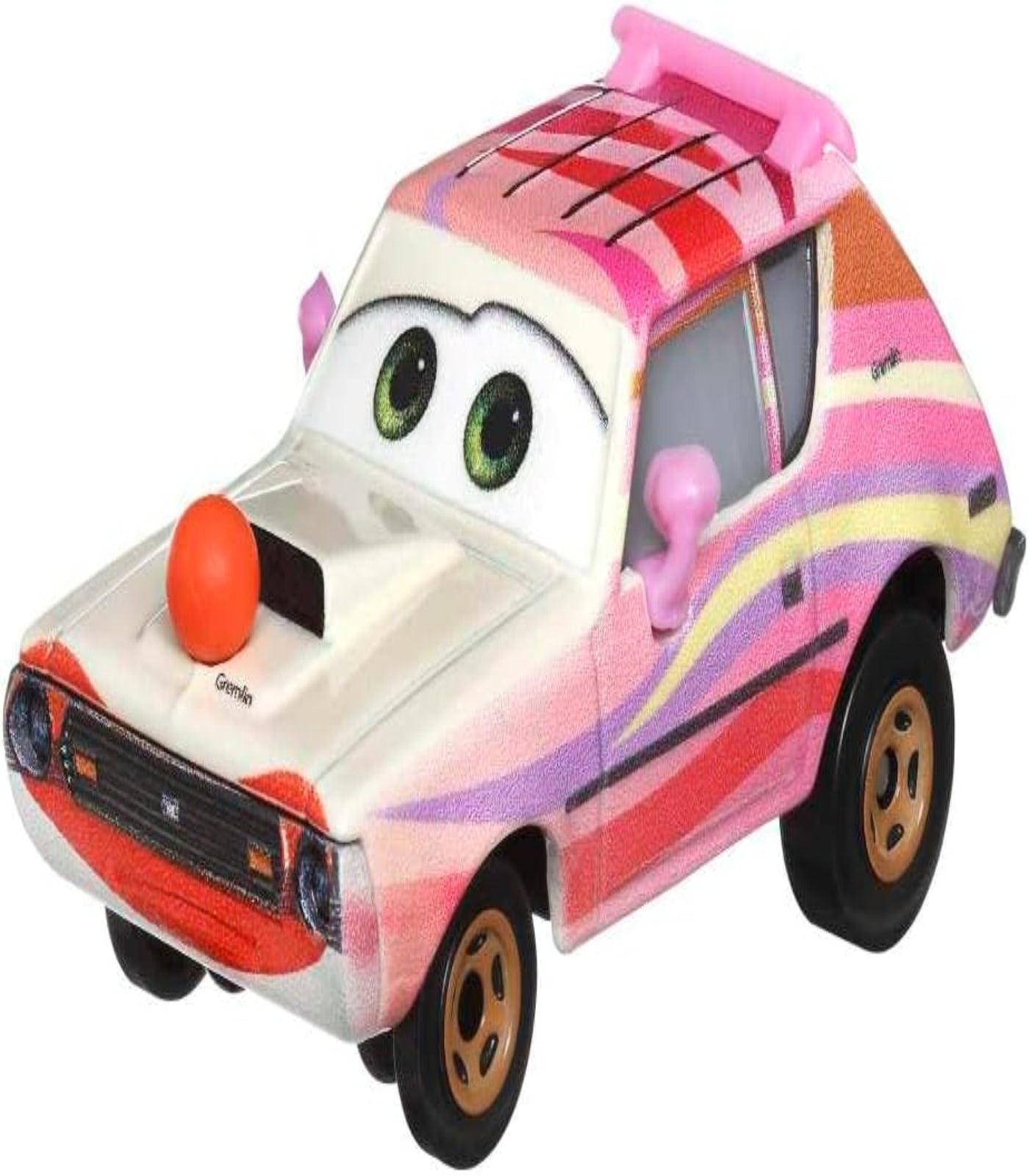 Toy car with a colorful design on a white background