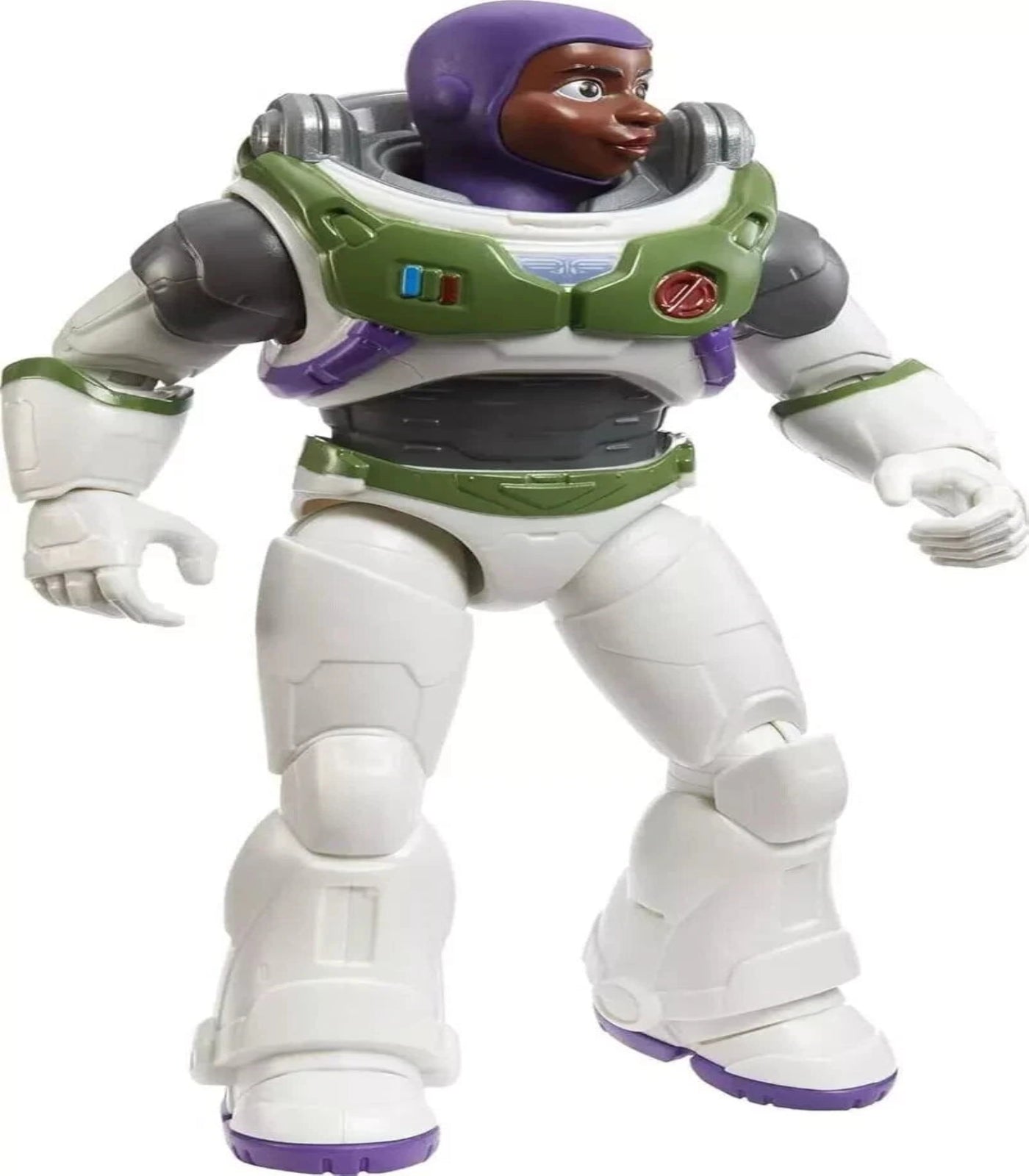Toy figure of a character in a white suit with green accents on a white background