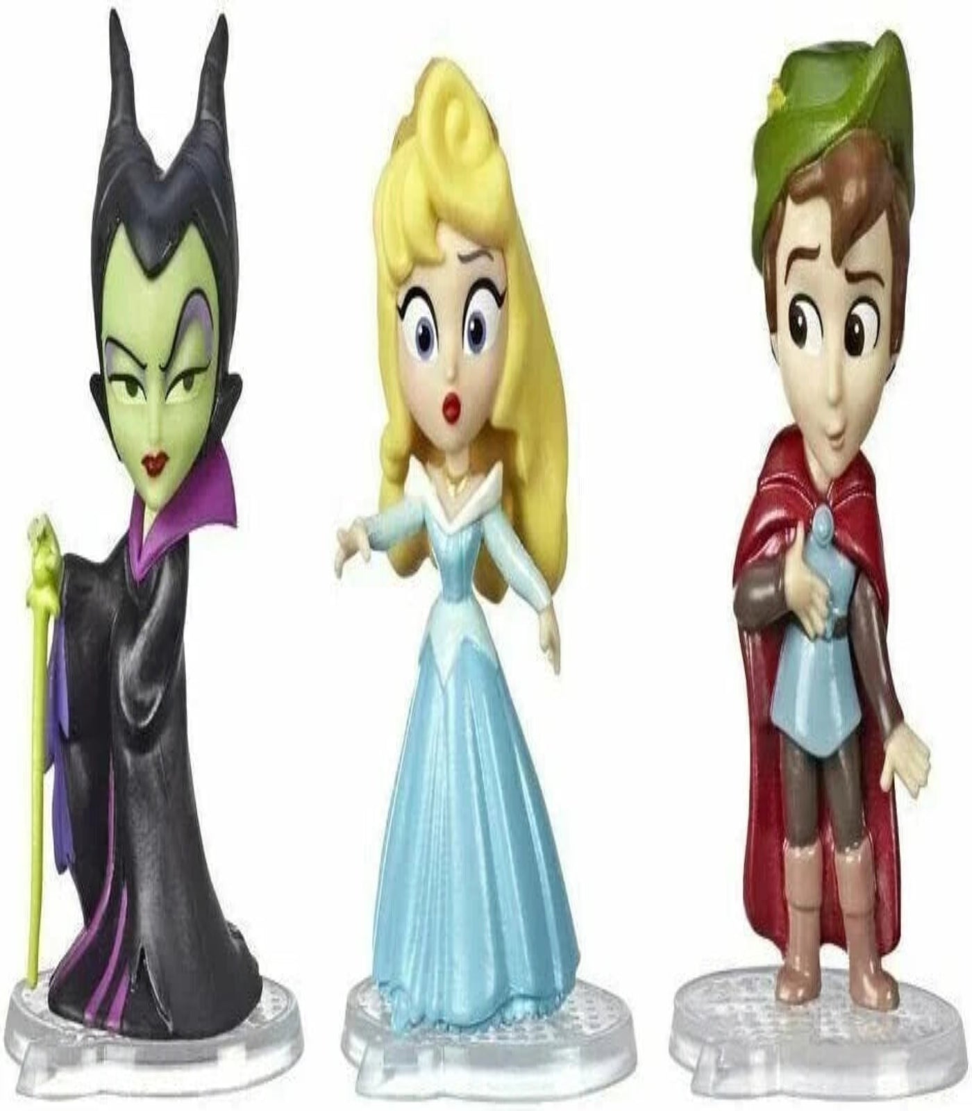Three animated character figurines on clear bases