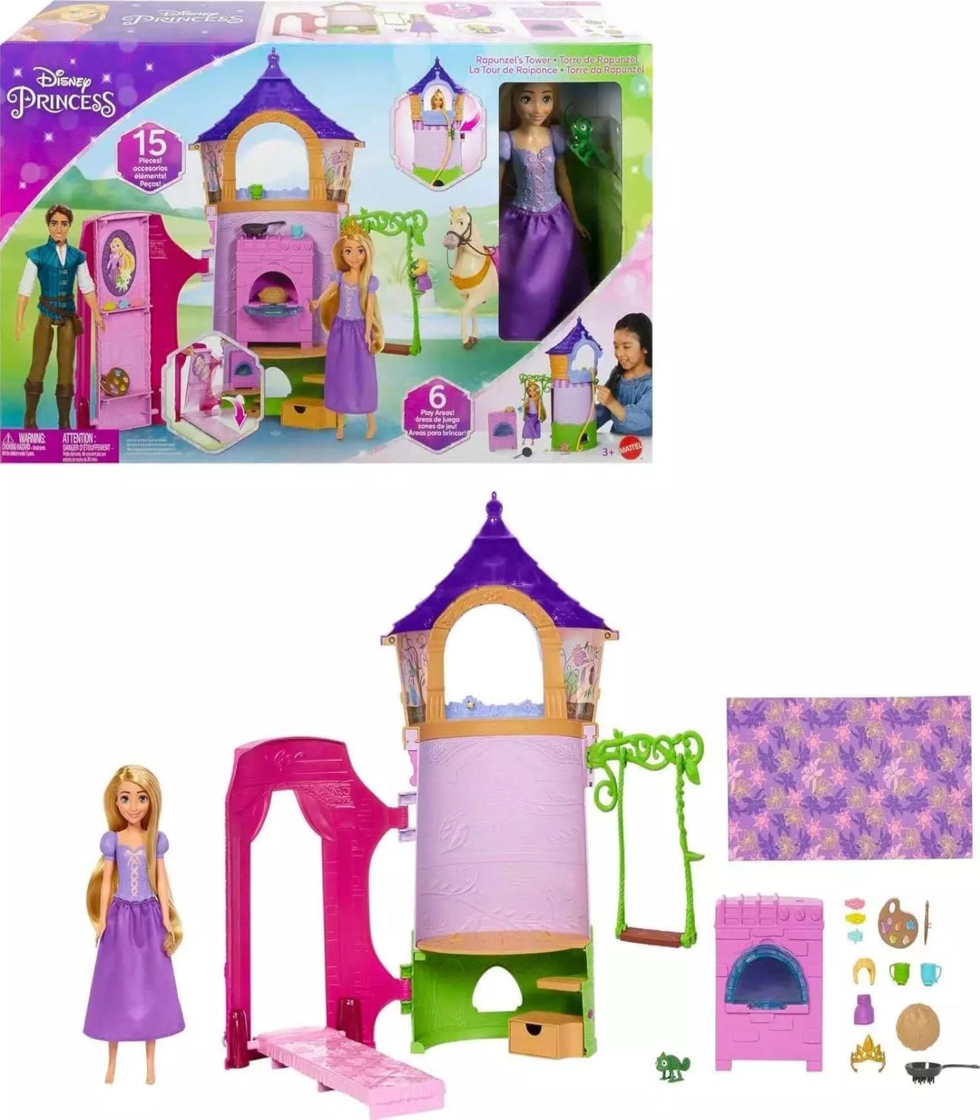 Toy set with Rapunzel figure and castle playset from Disney Princess, featuring packaging and accessories.