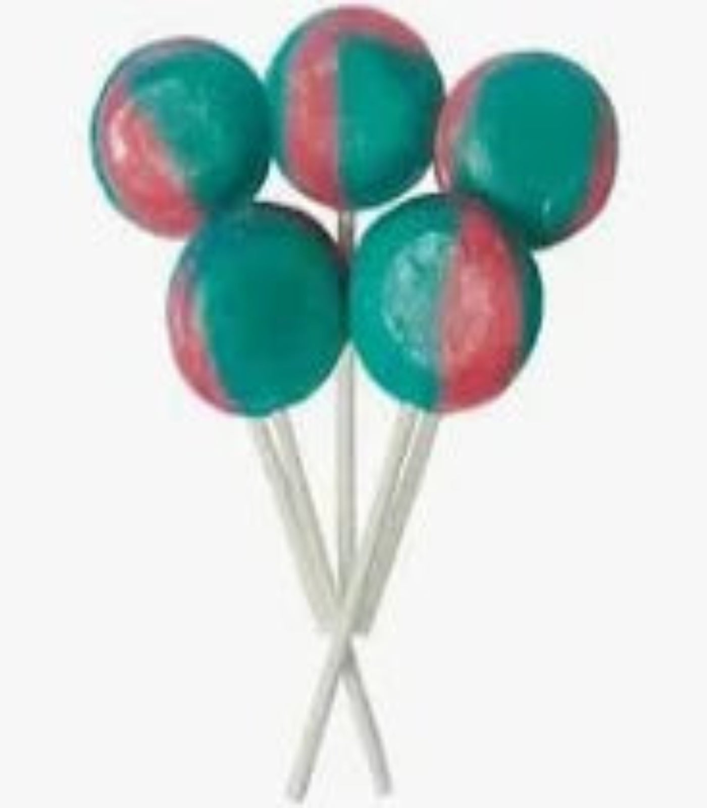 Green and pink lollipops on sticks against a white background