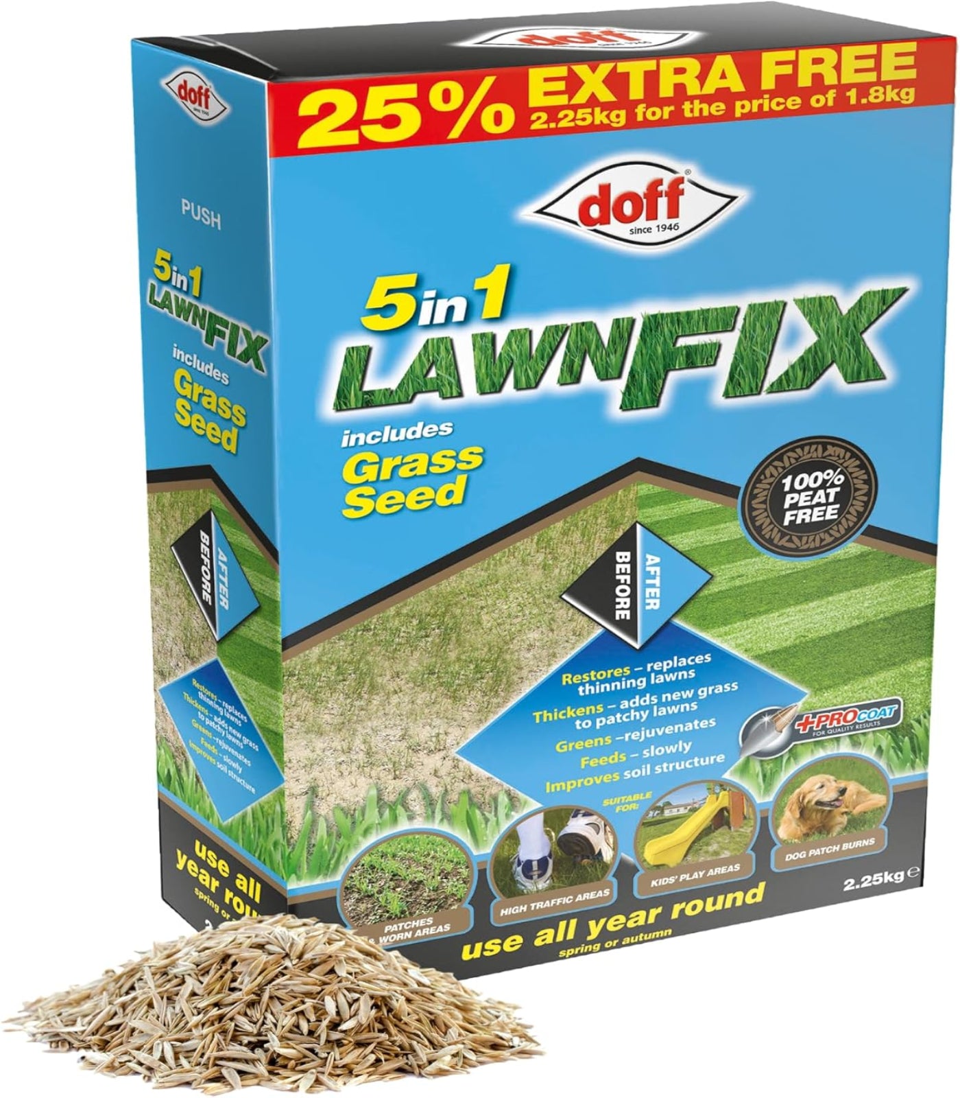 Doff 5-in-1 Lawn Fix packaging with grass seed on a white background