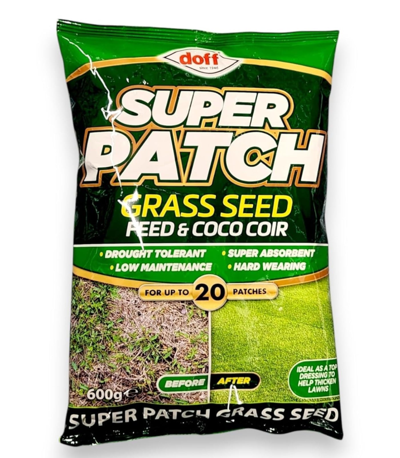Bag of Doff Super Patch Grass Seed Feed & Coco Coir on a white background