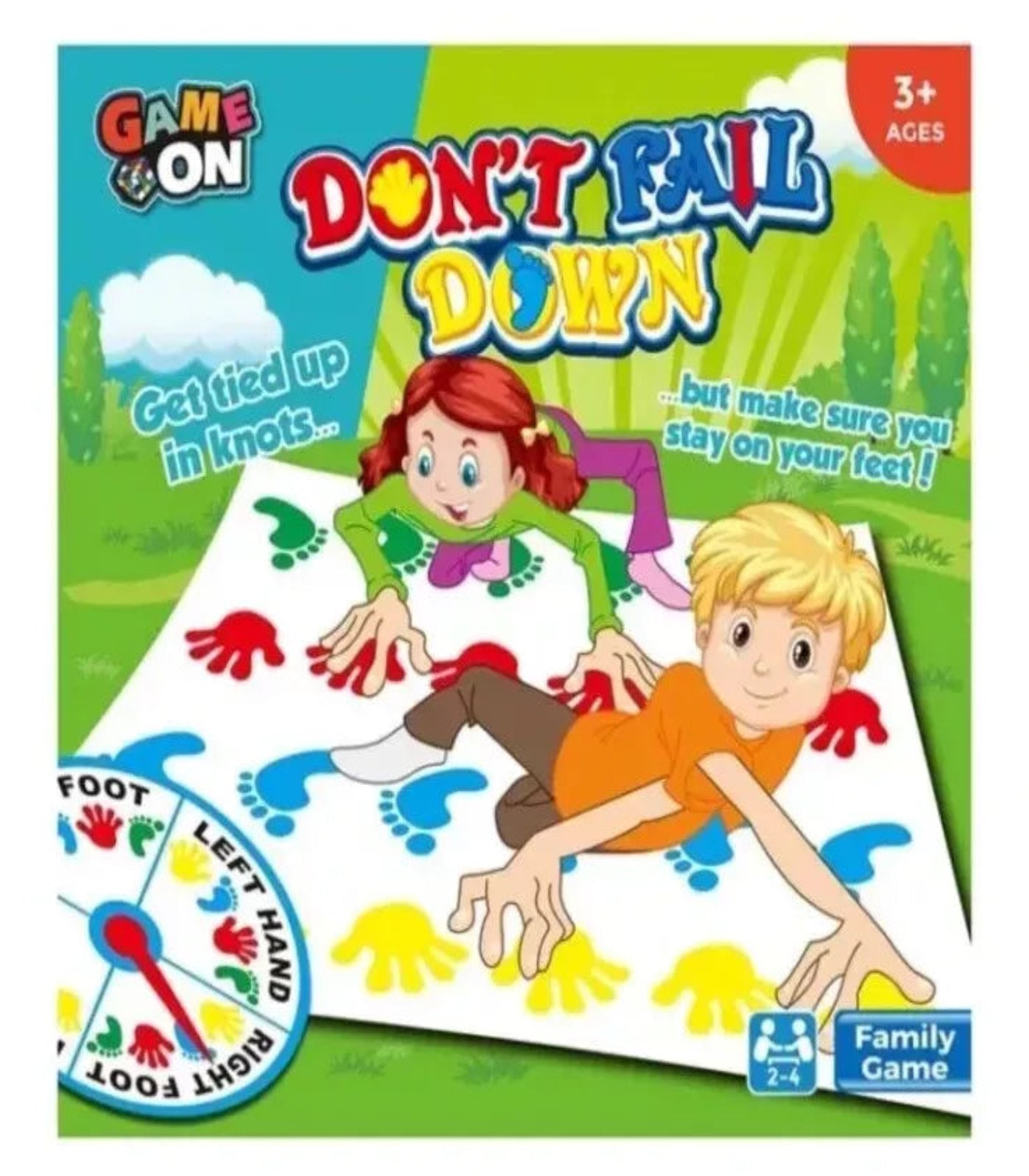 Game box for 'Don't Fail Down' with cartoon characters and colorful design
