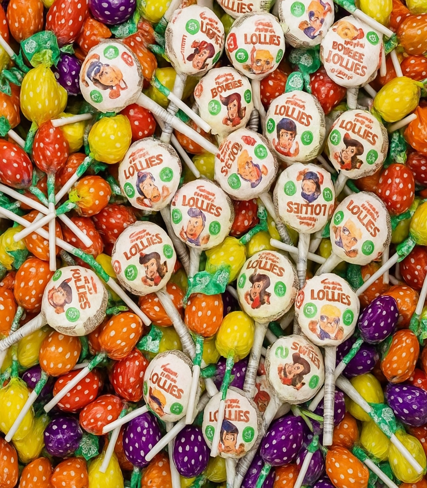 Assorted colorful lollipops with cartoon characters on a white background