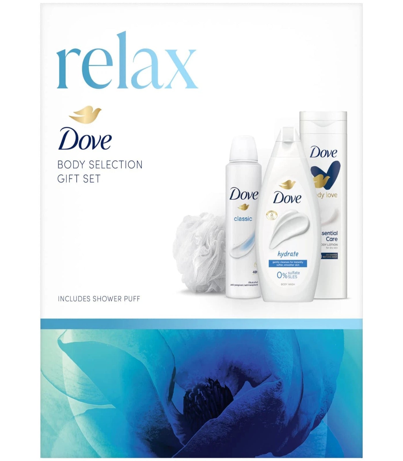 Dove body care product set with packaging labeled 'relax' on a white background
