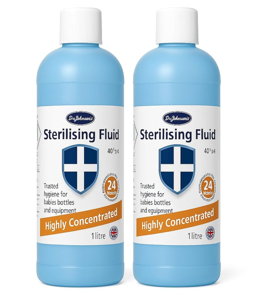 Two bottles of Dr. Johnson's Sterilising Fluid on a white background