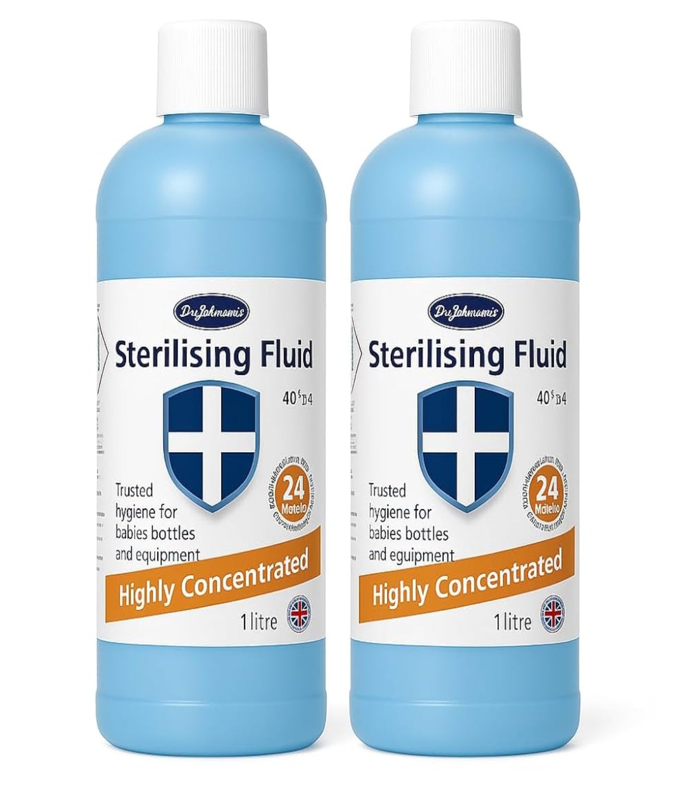 Two bottles of Dr. Johnson's Sterilising Fluid on a white background