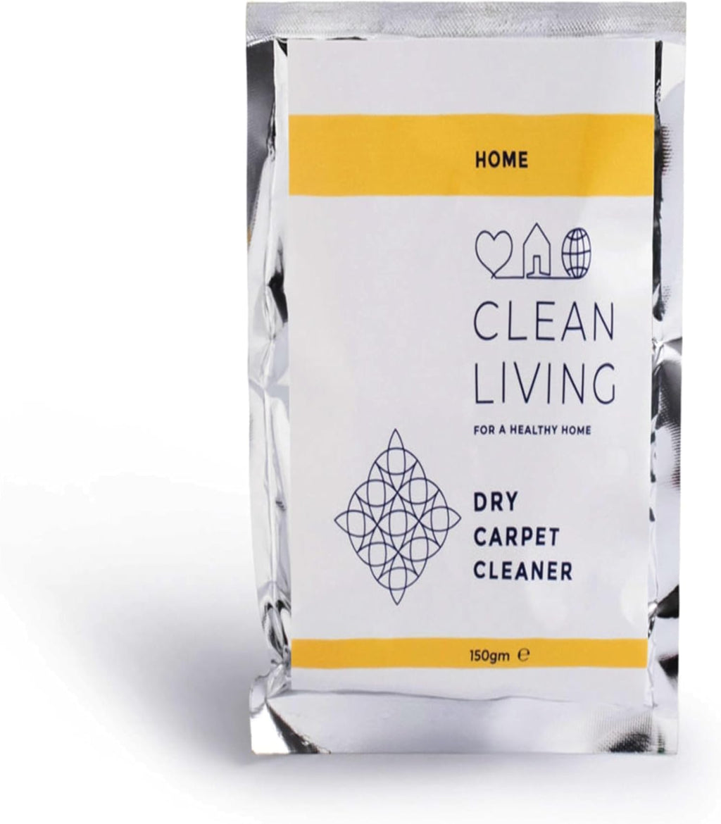 Dry carpet cleaner package labeled 'Clean Living' on a white background