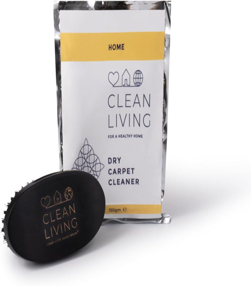 Dry carpet cleaner package and black cleaning tool with 'Clean Living' branding on a white background
