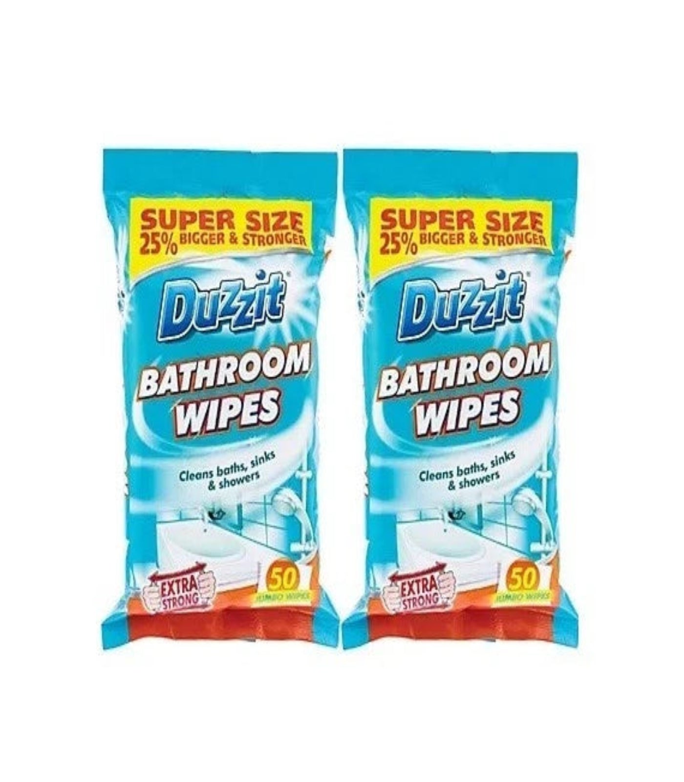 Two packages of Duzzit Bathroom Wipes on a white background