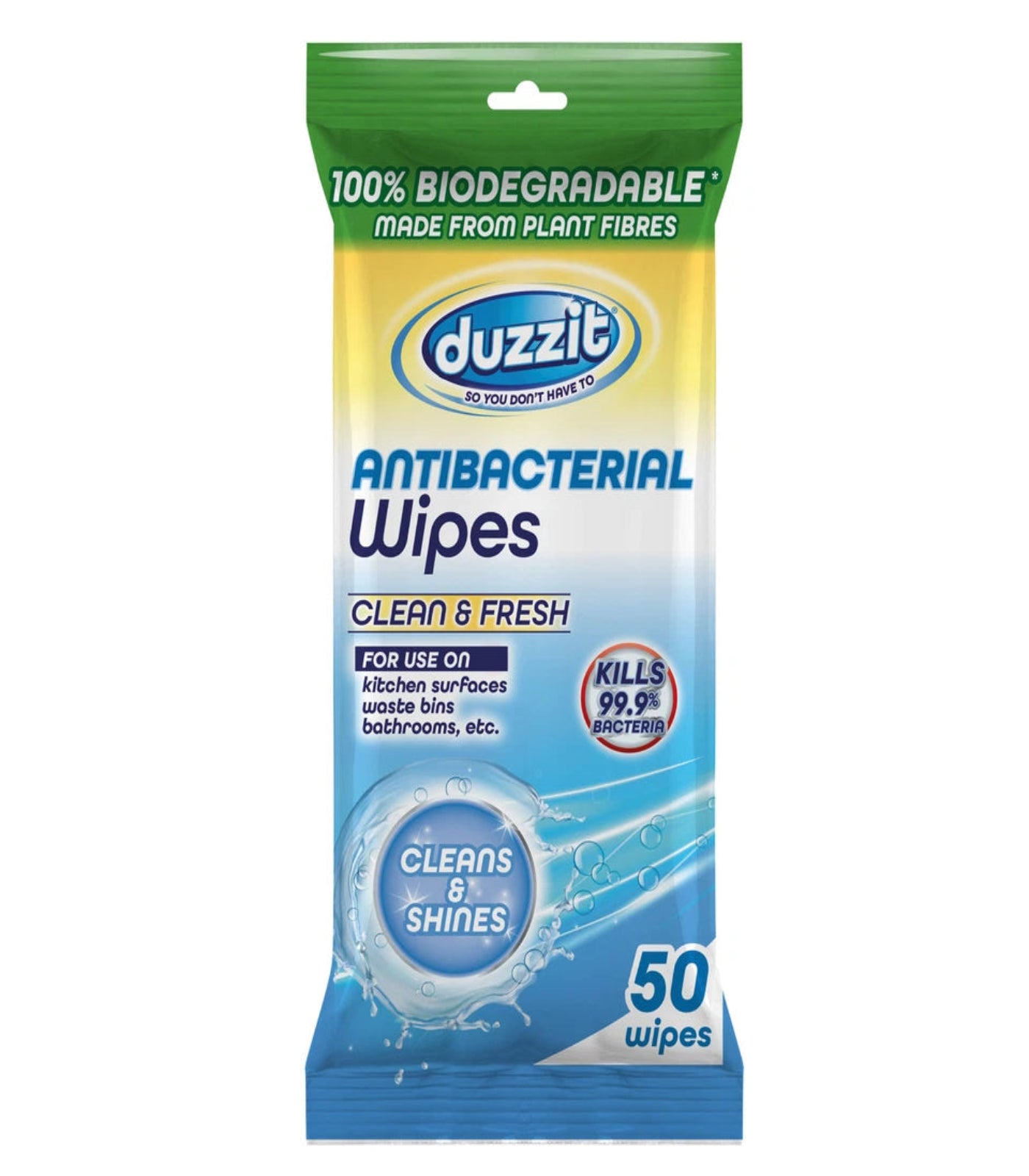 Pack of Duzzit antibacterial wipes with branding and product details on a white background