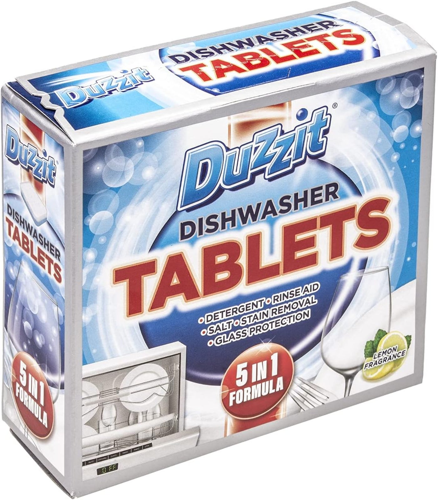 Box of Duzzit dishwasher tablets with product features on a white background