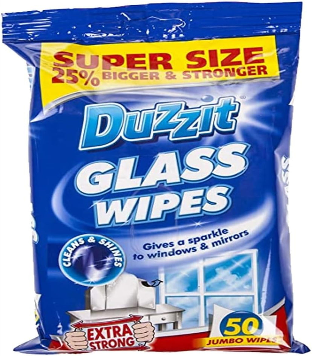Package of Duzzit glass wipes with promotional text on a white background