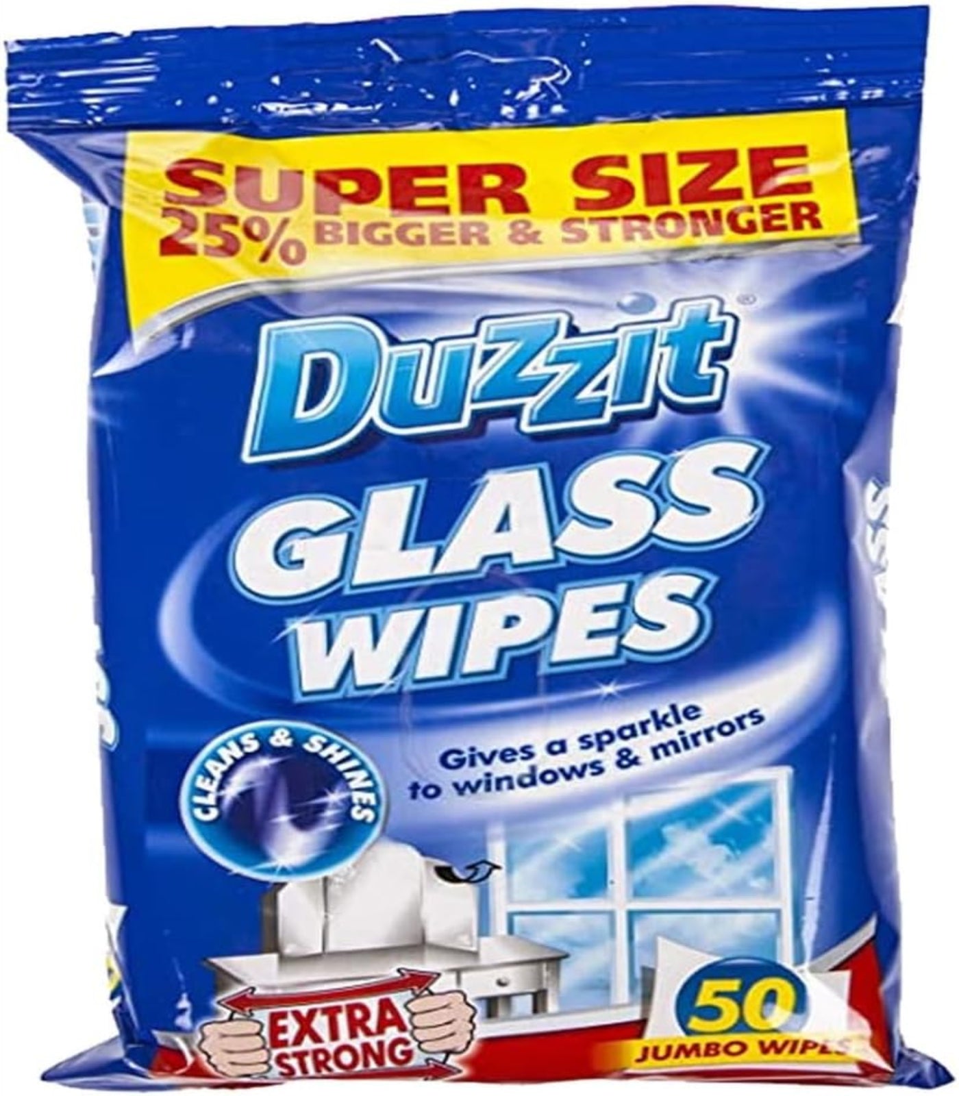 Package of Duzzit glass wipes with promotional text on a white background