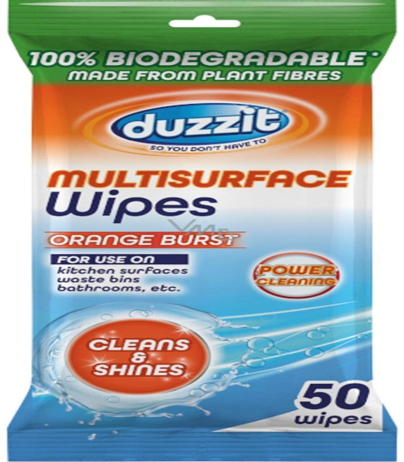Package of duzzit multisurface wipes with branding and product details.
