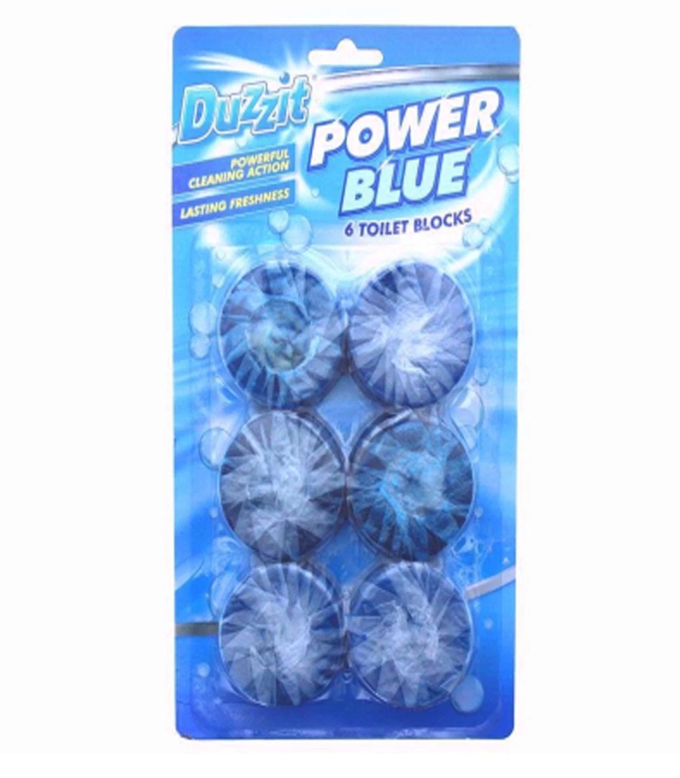 Pack of Duzzit Power Blue toilet blocks on a white background