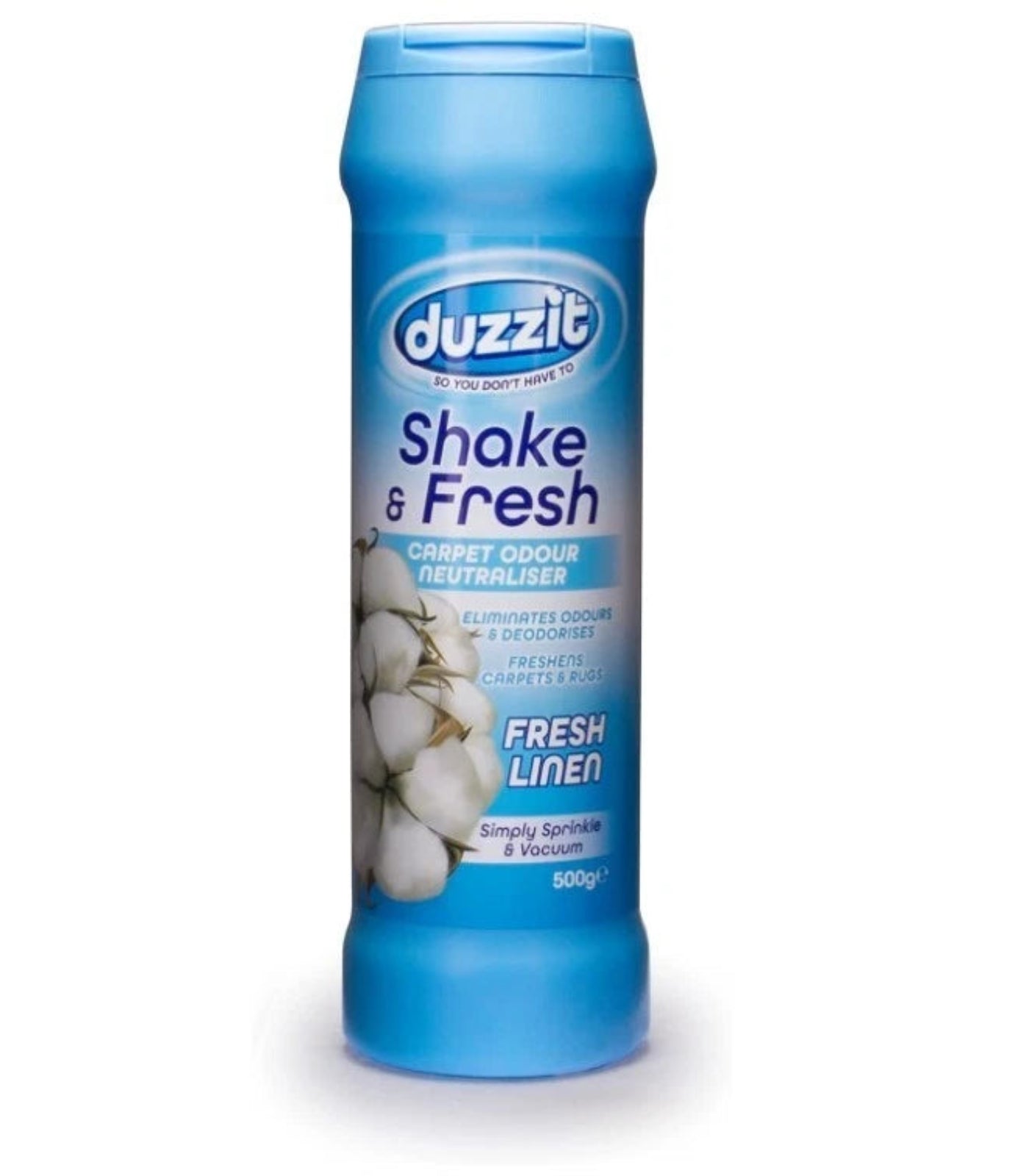 Duzzit Shake & Fresh carpet colour neutralizer with blue container and white label on a white background