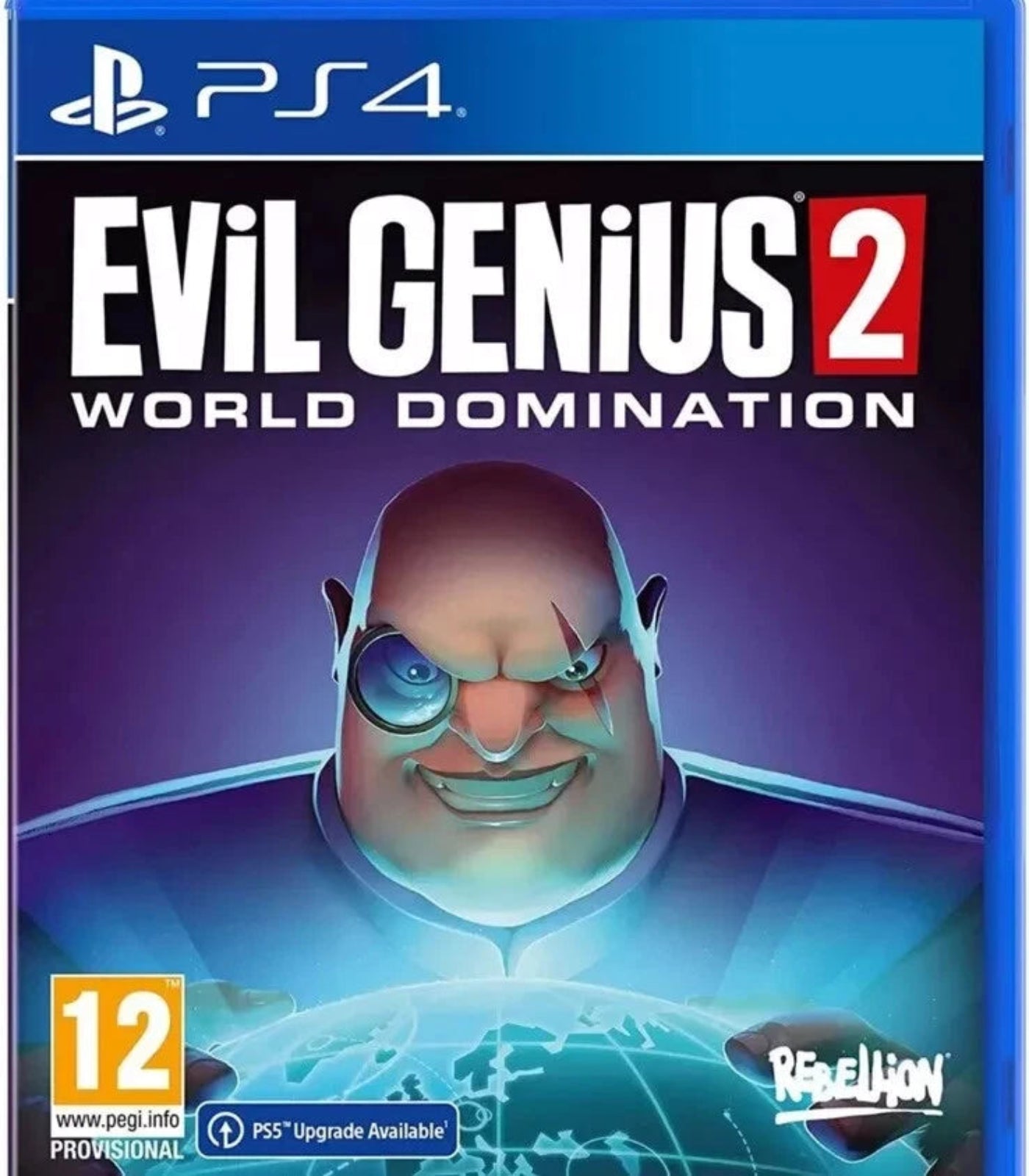 Game cover of 'Evil Genius 2 World Domination' for PS4 with character and branding.
