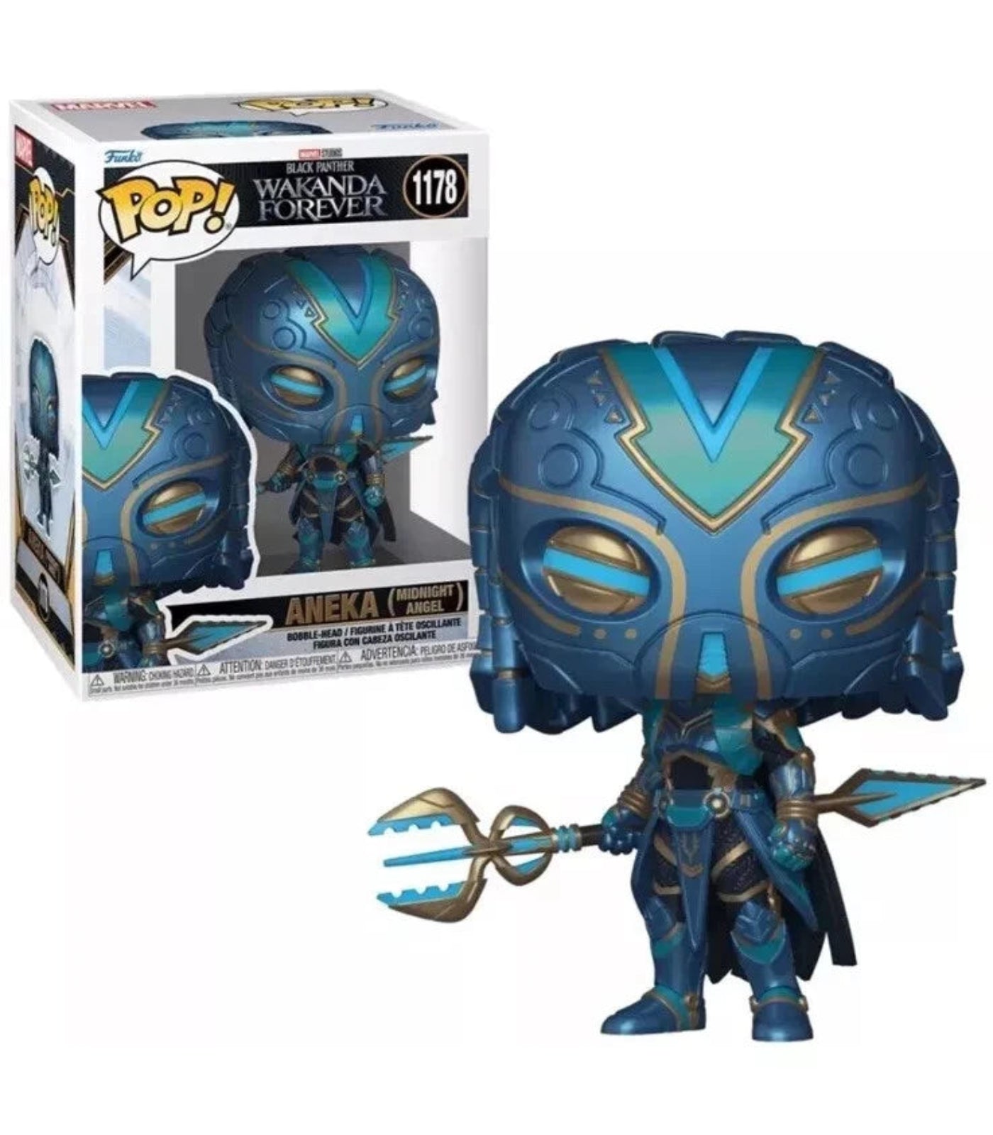Blue superhero figurine with a weapon next to its packaging