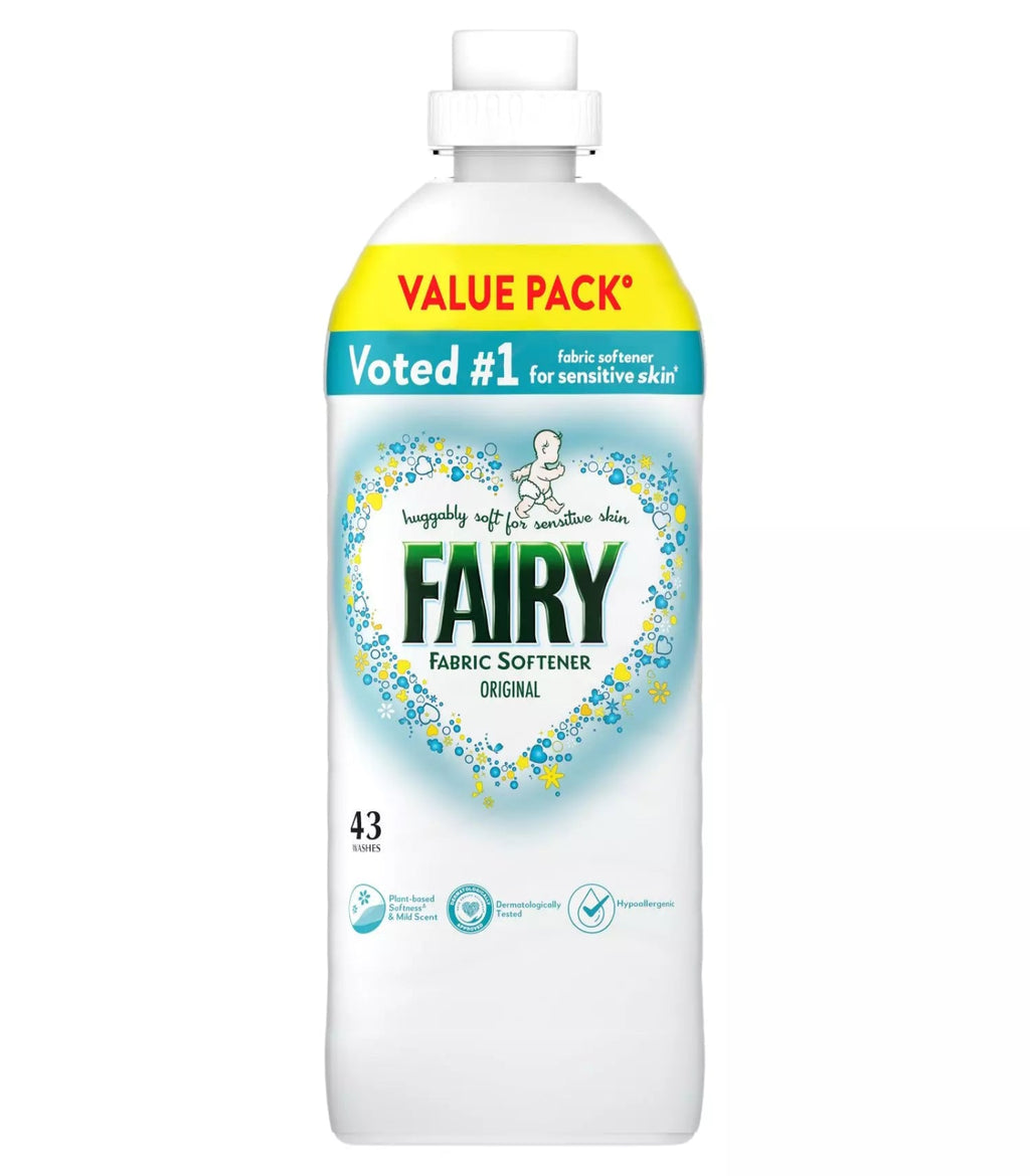 Fairy fabric softener bottle on a white background