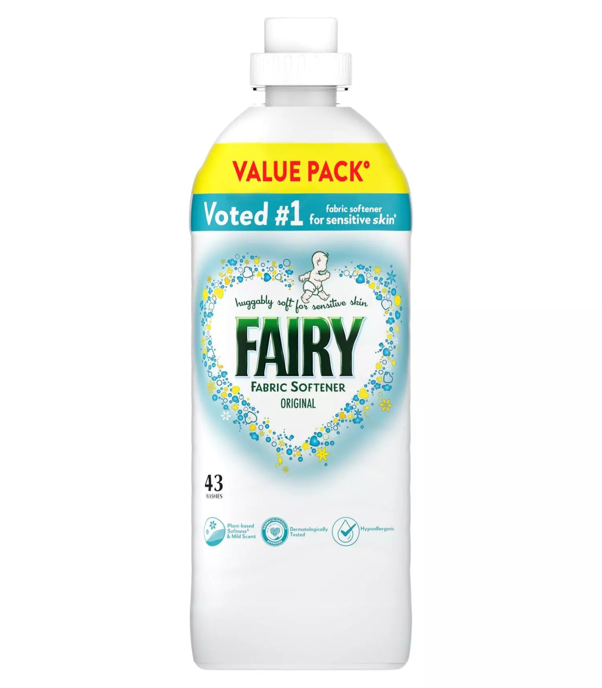 Fairy fabric softener bottle on a white background