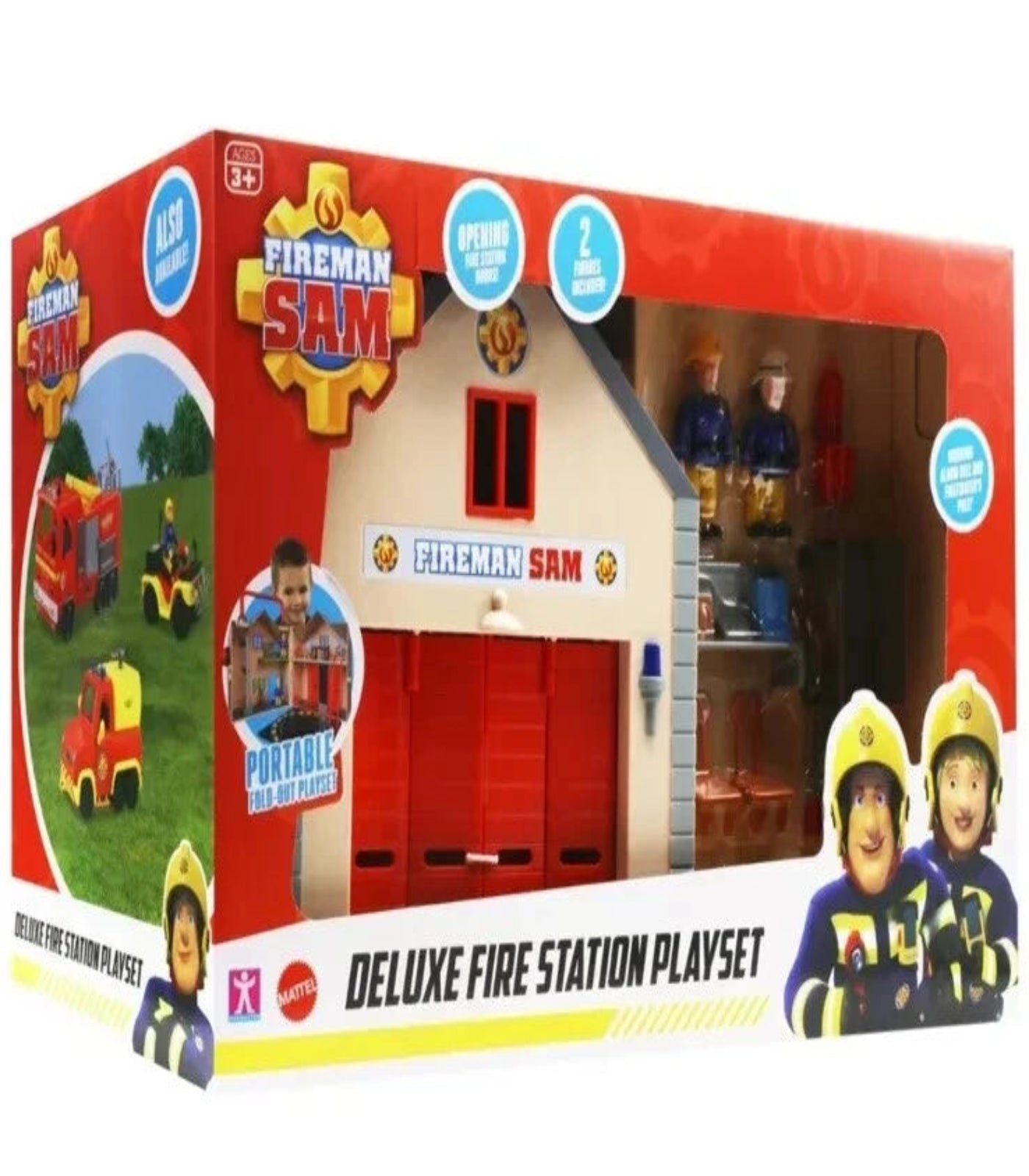 Fireman Sam Deluxe Fire Station Playset packaging with toy figures and fire truck.