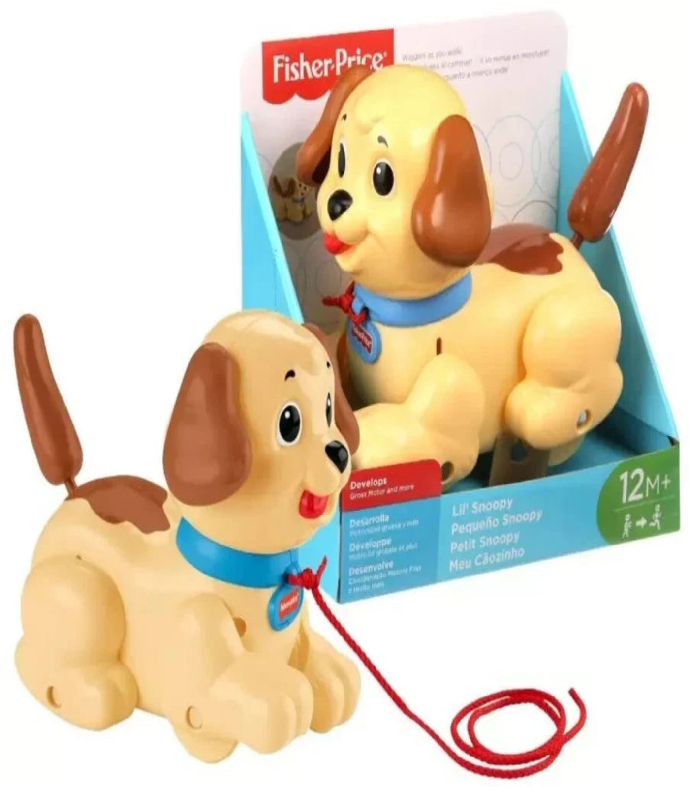 Fisher-Price toy dog with a leash in front of its packaging