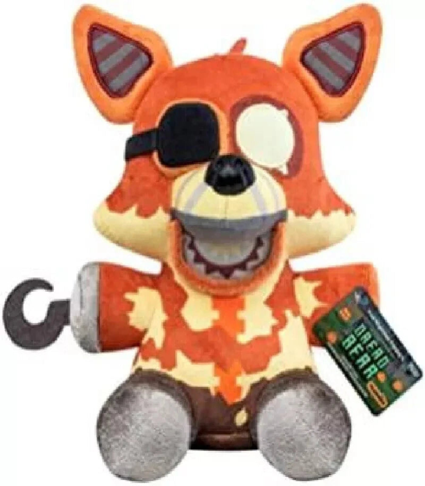 Plush toy resembling a fox character with a parachute and eye patch on a white background