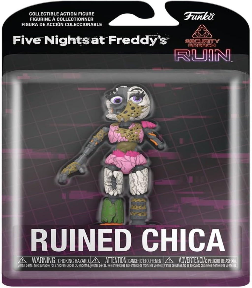 Packaged collectible action figure of Ruined Chica from Five Nights at Freddy's with Funko branding.