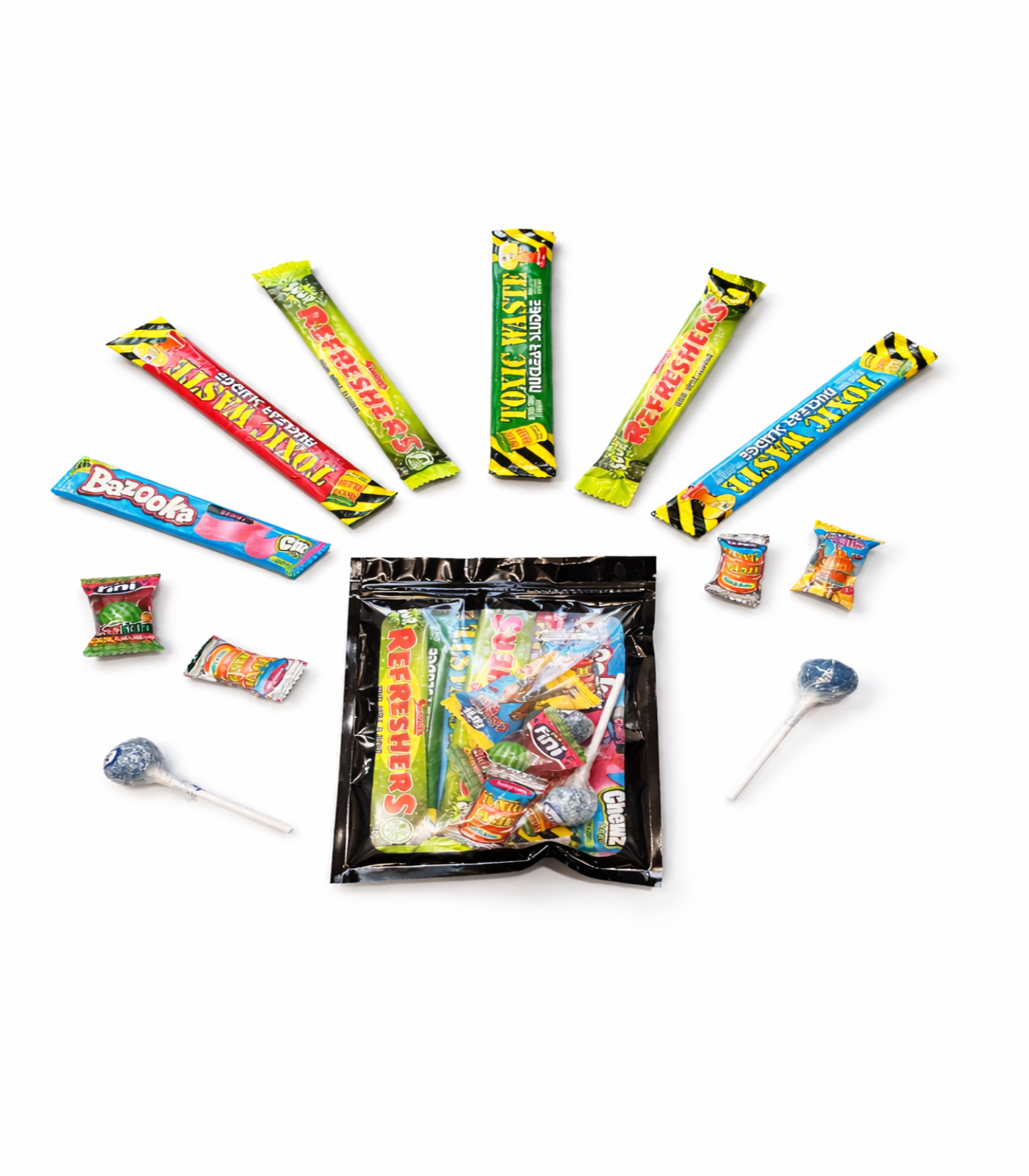 Assorted candy bars and lollipops on a white background