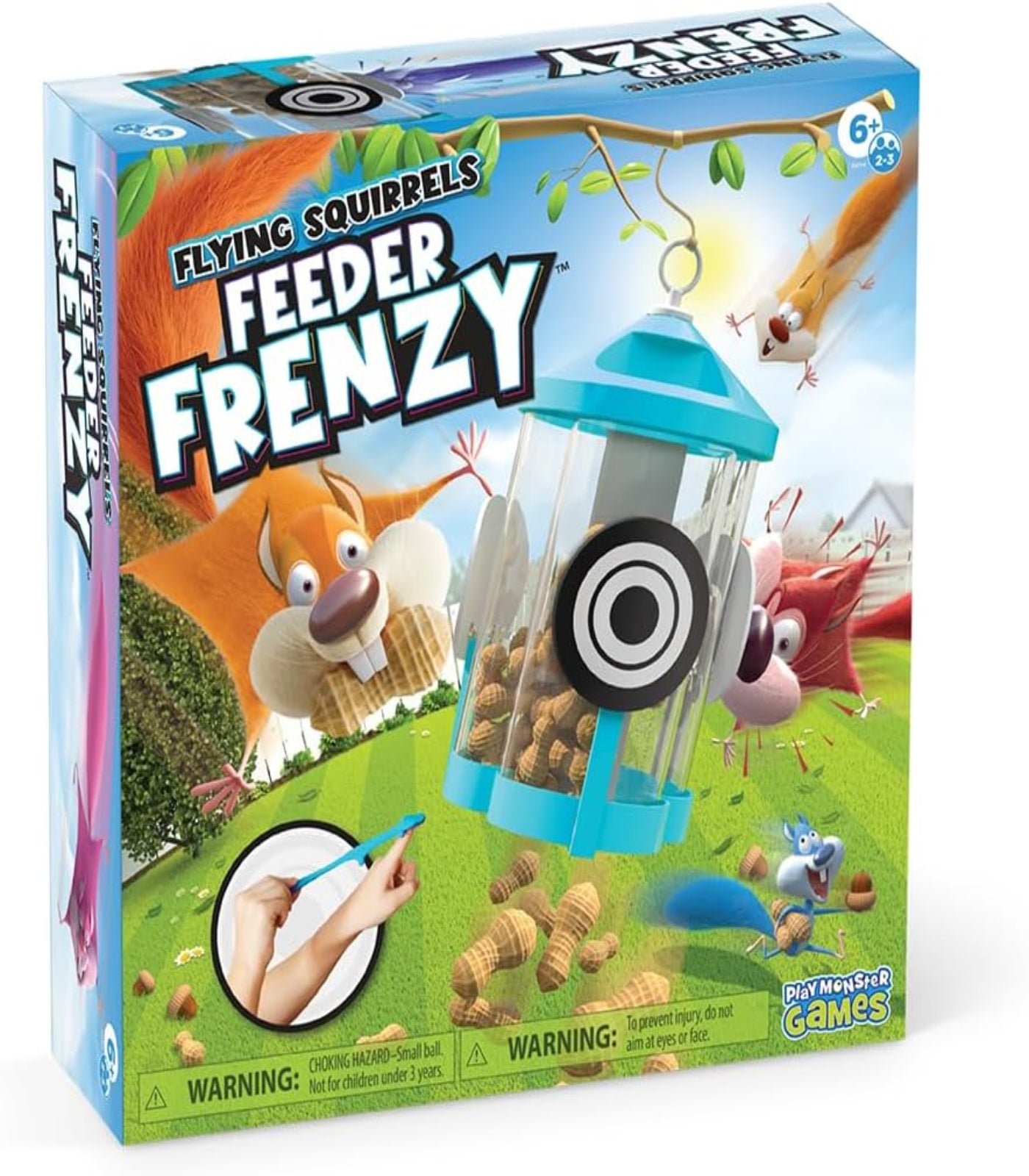 Box of 'Flying Squirrels Feeder Frenzy' game with colorful graphics and target design.