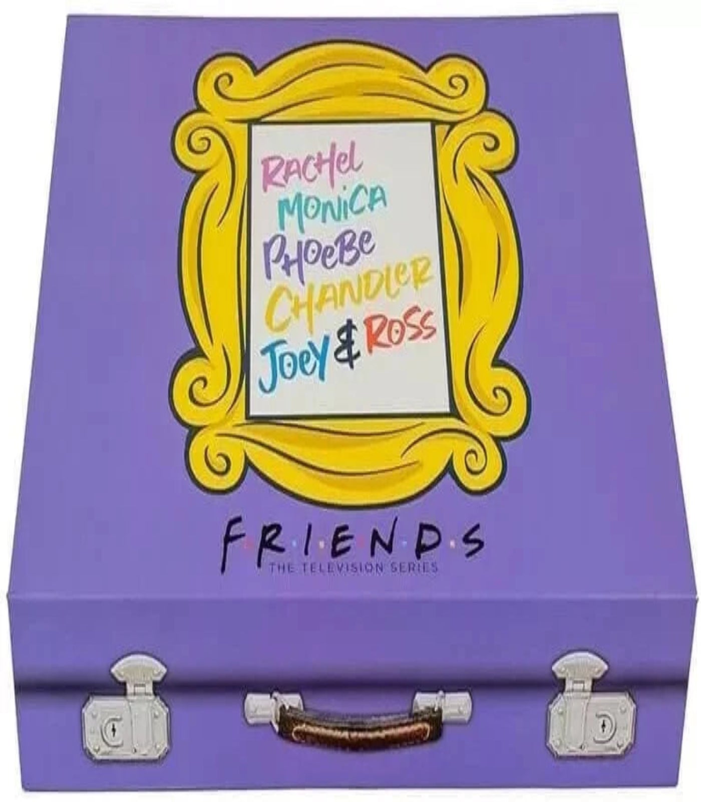 Purple storage box with 'Friends' character names and logo
