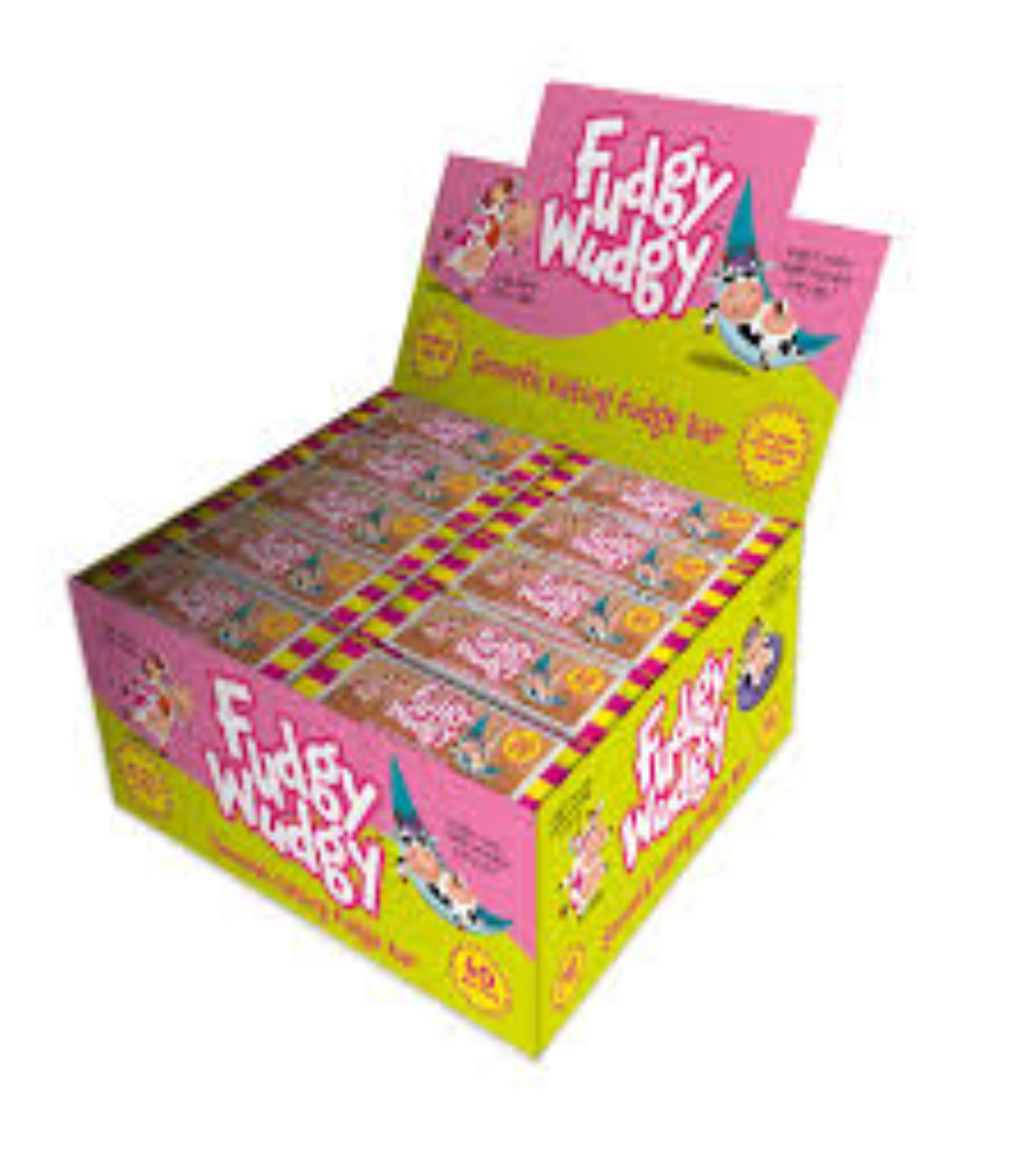 Box of Fudgy Wicky chocolate bars with pink and yellow packaging.