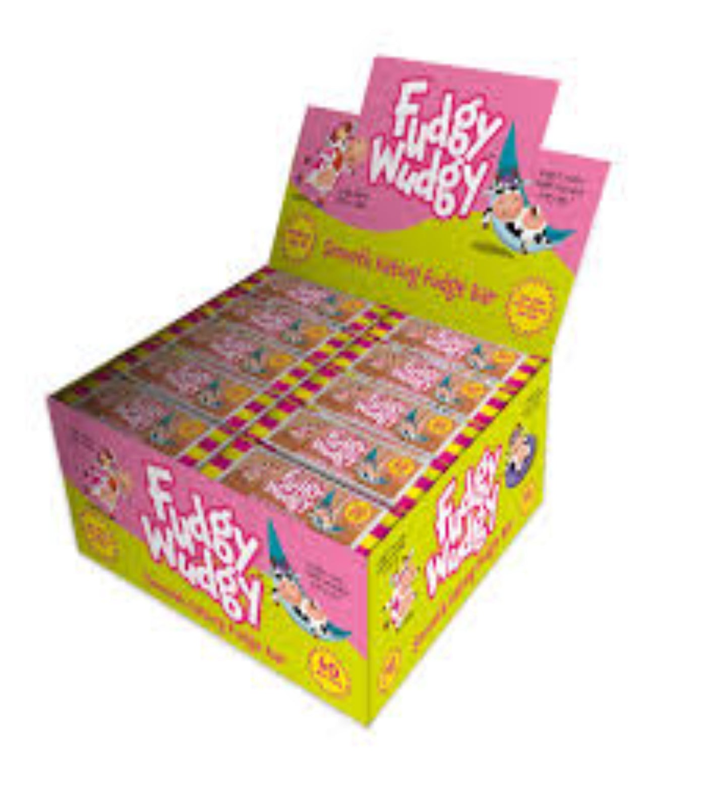 Box of Fudgy Wicky chocolate bars with pink and yellow packaging.