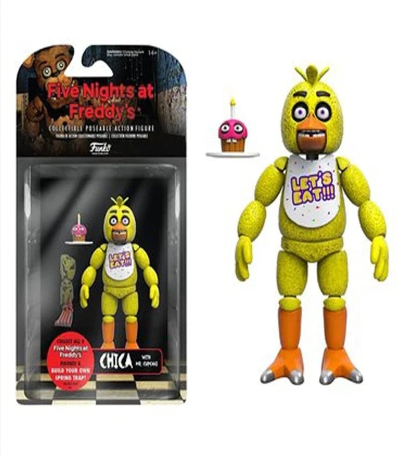Chica action figure from Five Nights at Freddy's with packaging on a white background