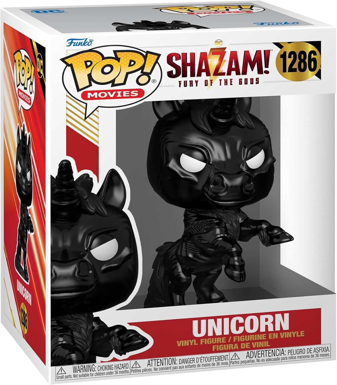 Funko Pop! vinyl figure packaging for Shazam! Unicorn with box design.