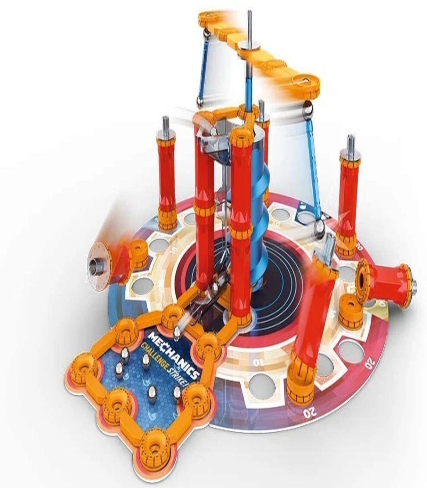 Toy marble run set with colorful tracks on a white background