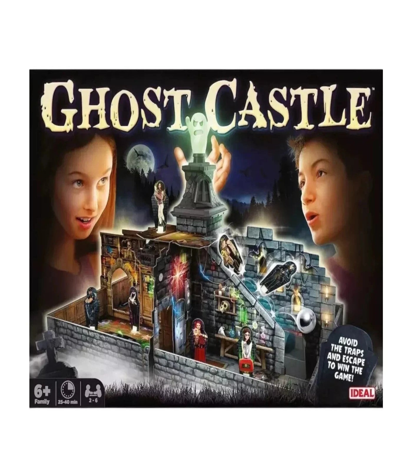 Board game box for 'Ghost Castle' with two children's faces on a dark background