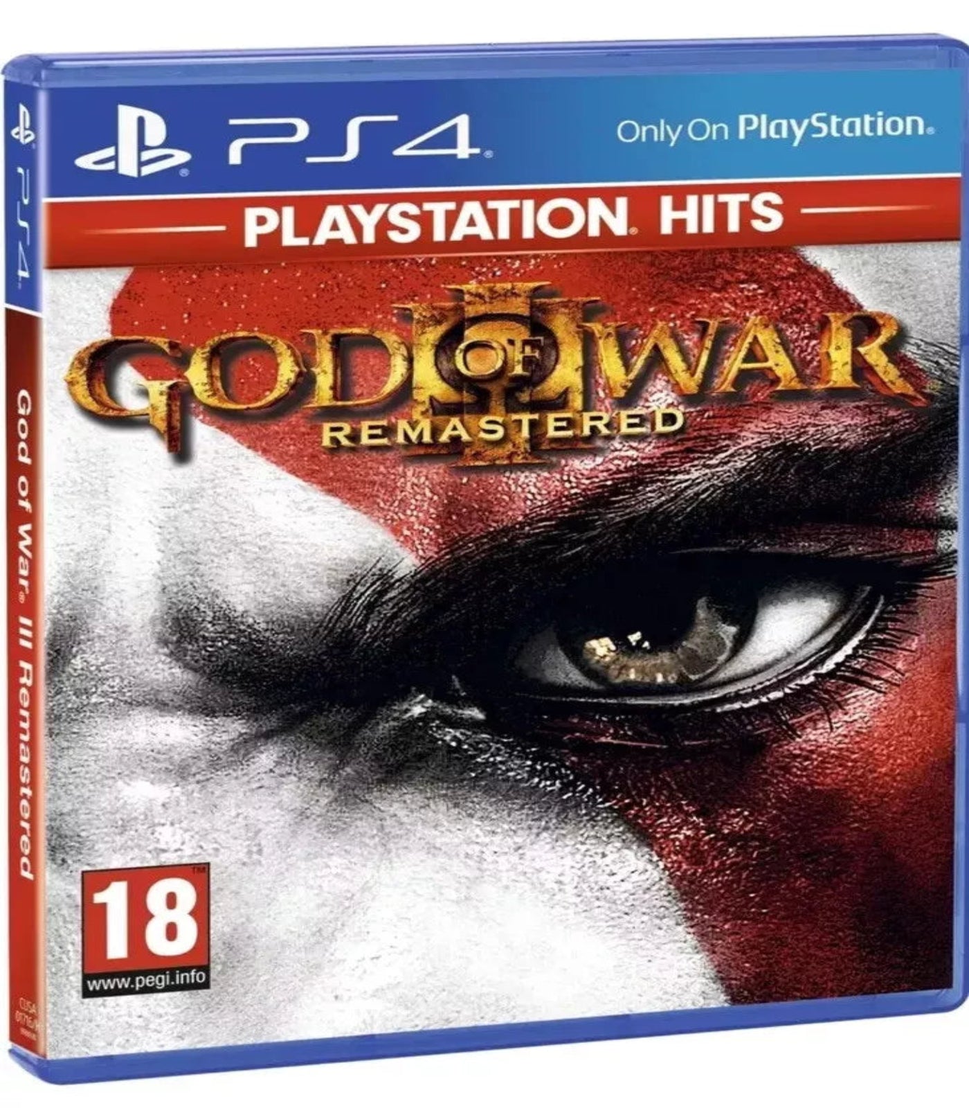 PlayStation Hits God of War Remastered game case with eye design and PS4 branding.