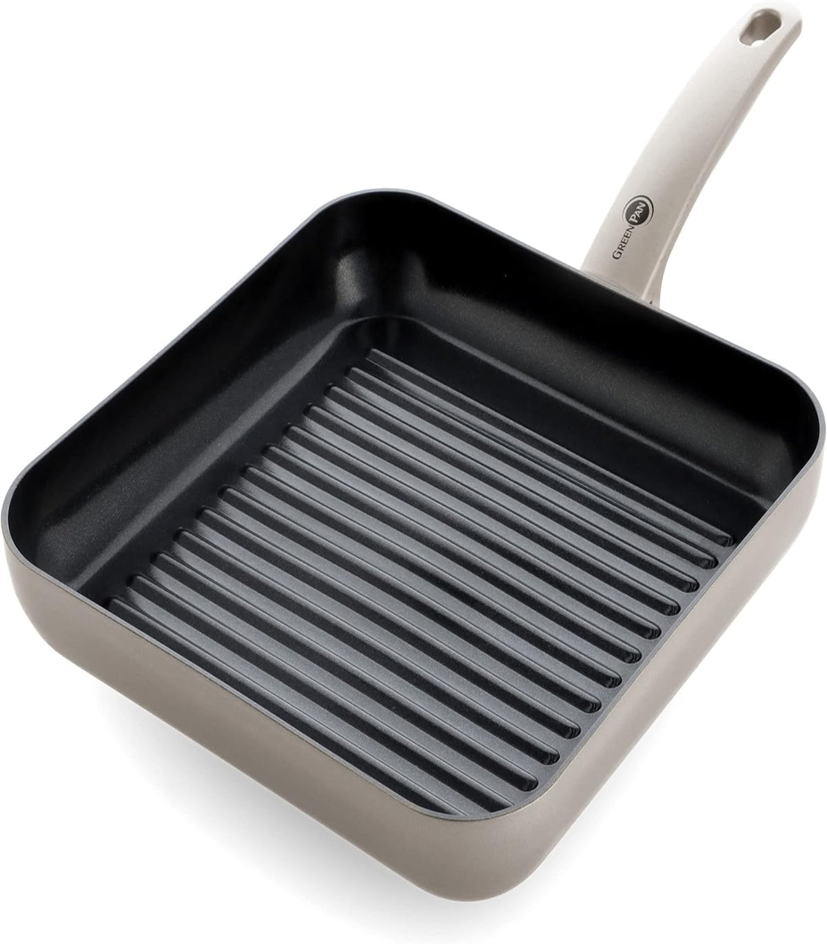 Black grill pan with beige handle on a white background