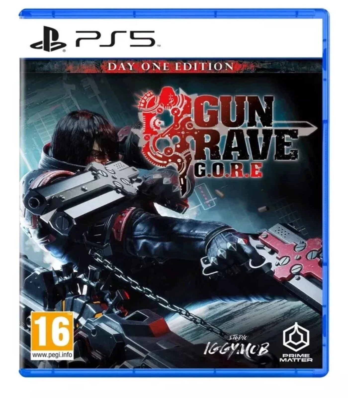 Game cover for 'Gun Rave Gore' Day One Edition on PS5 with a character holding a weapon.