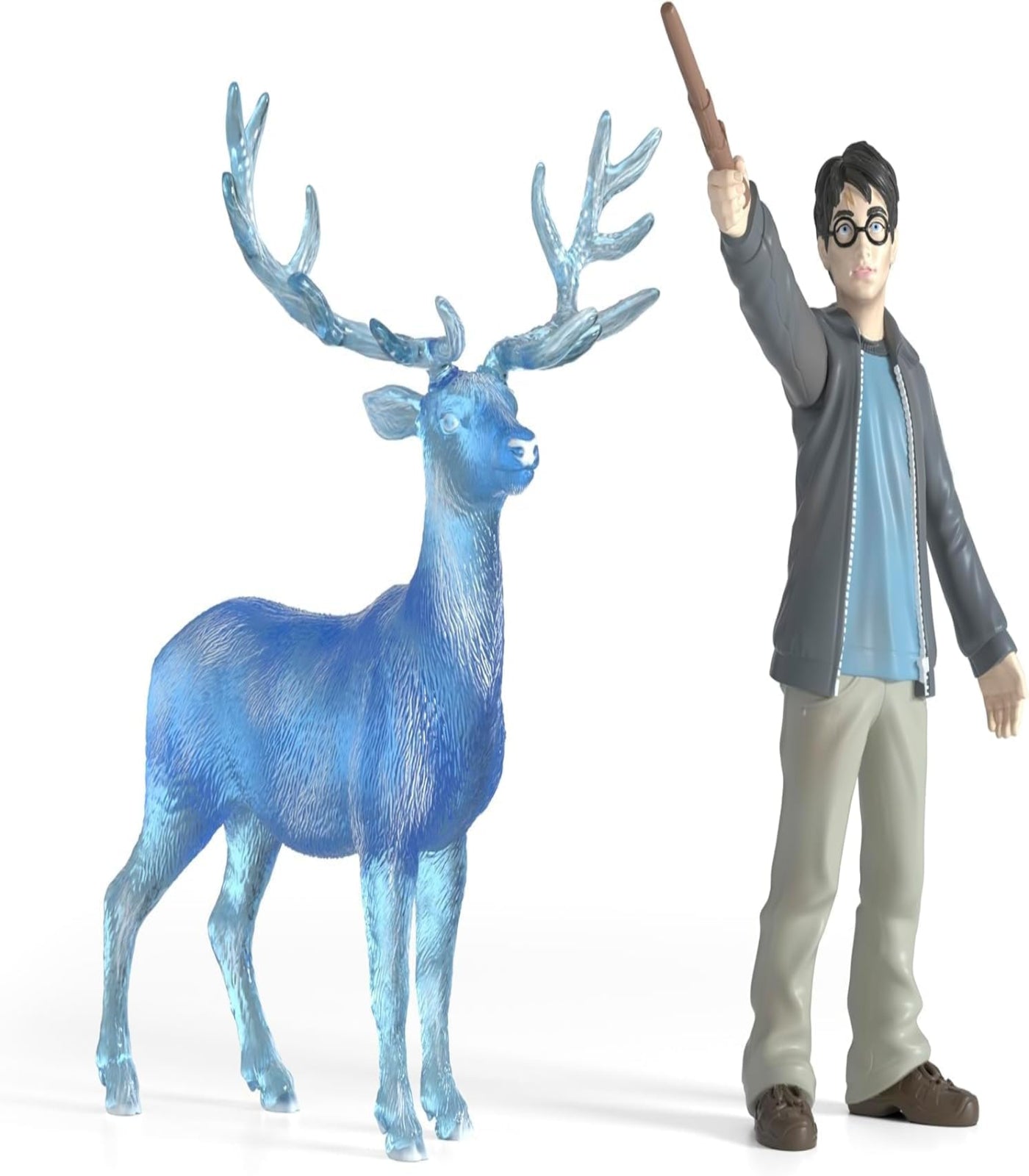Figurine of a blue deer and a person holding a wand on a white background