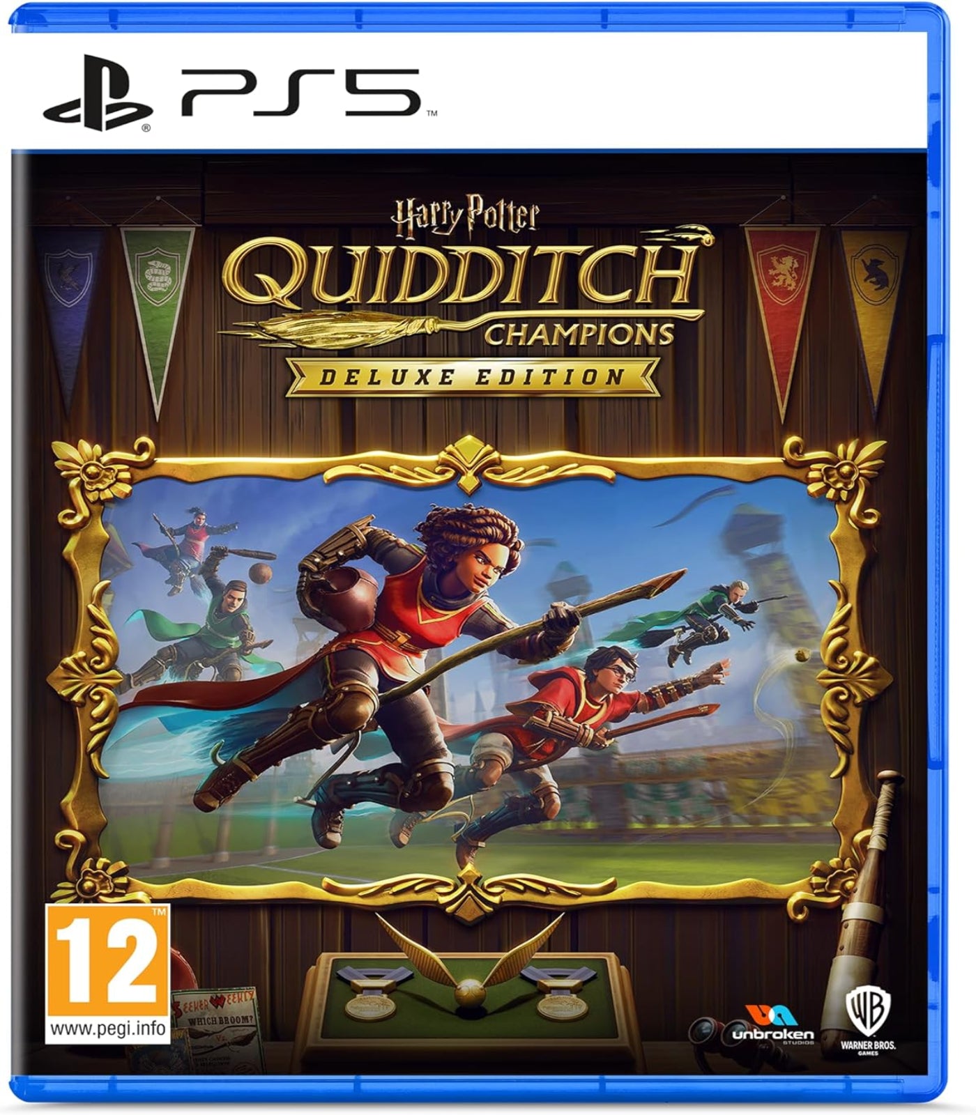 Game box for 'Harry Potter: Quidditch Champions' Deluxe Edition on PS5 with characters and game title.