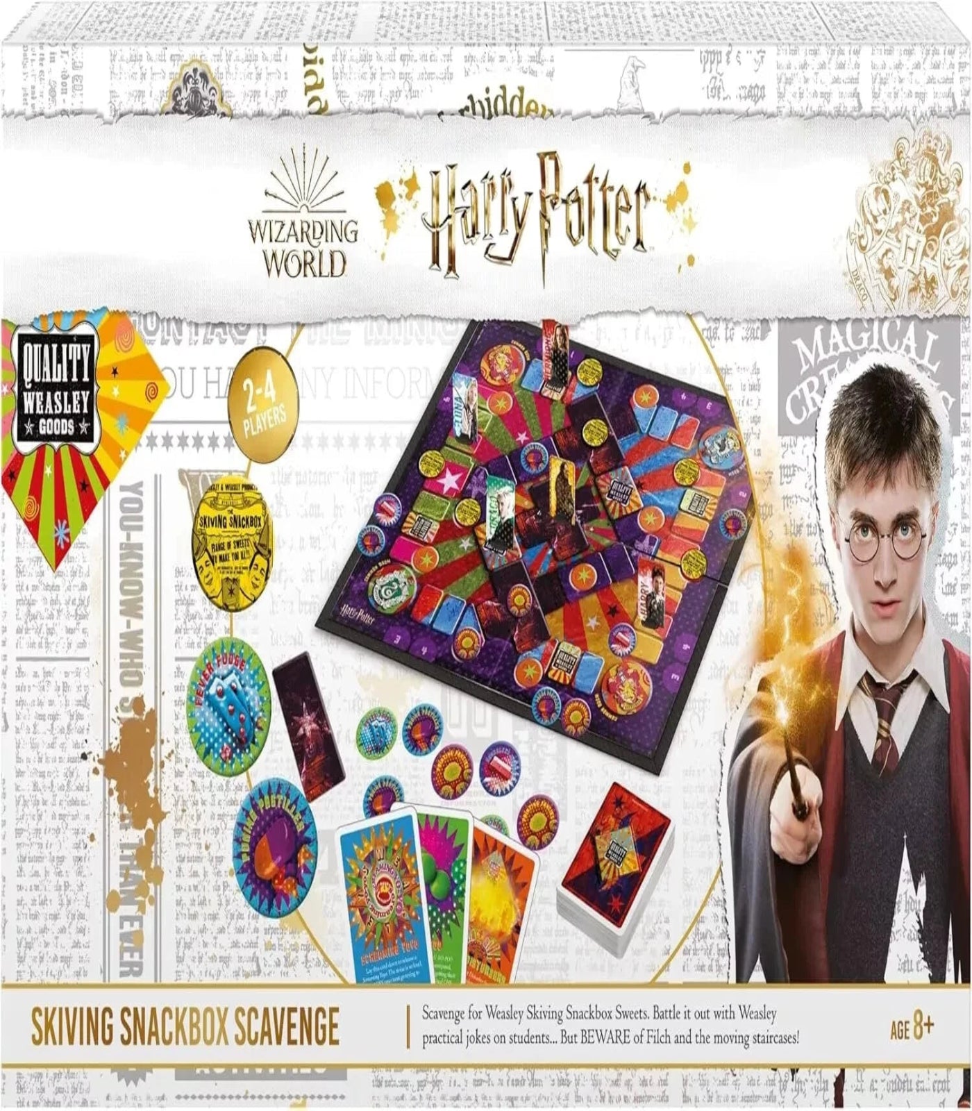 Harry Potter board game set with colorful components and a character illustration.
