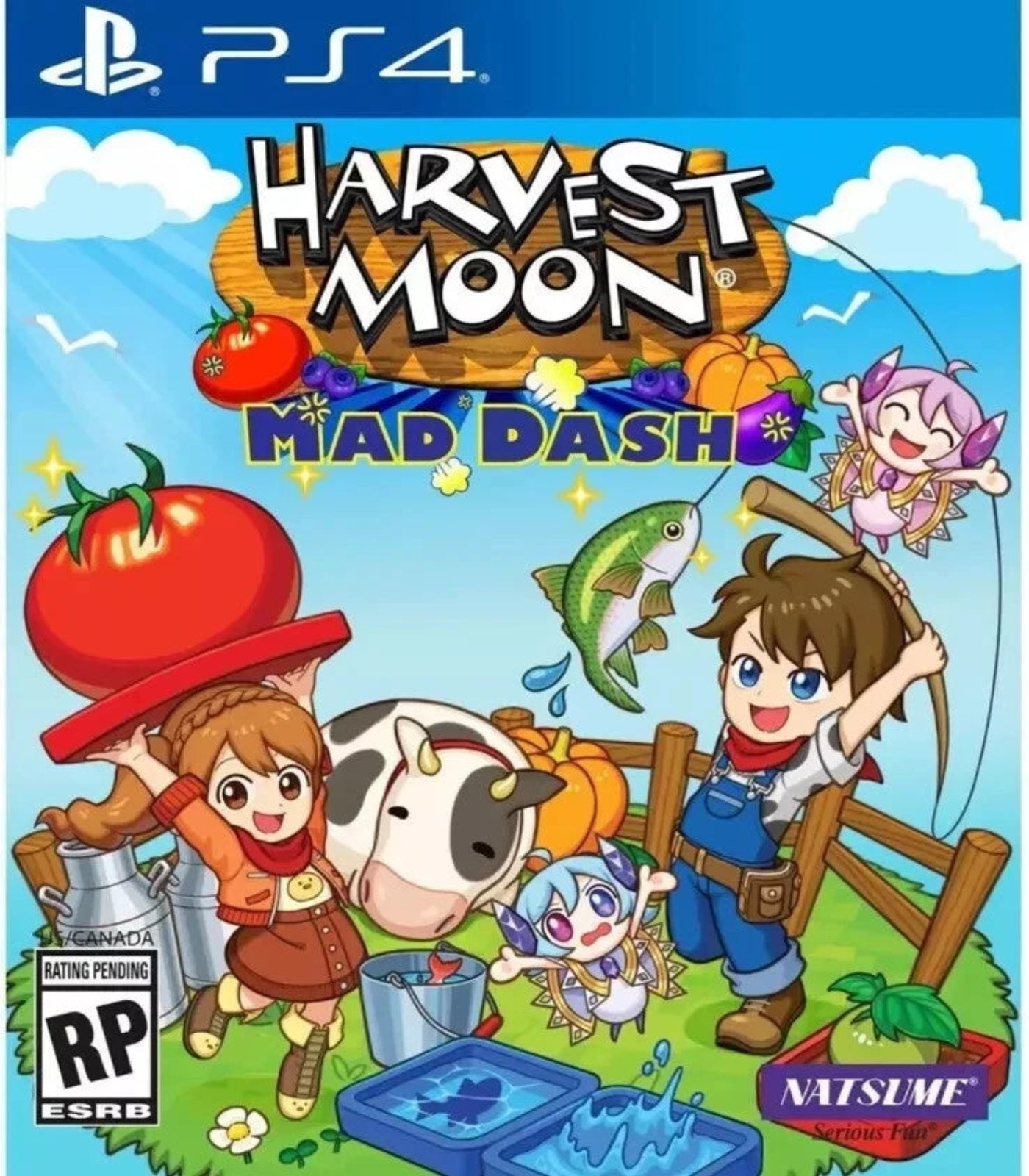 Game cover of 'Harvest Moon: Mad Dash' for PS4 with characters and farm elements.