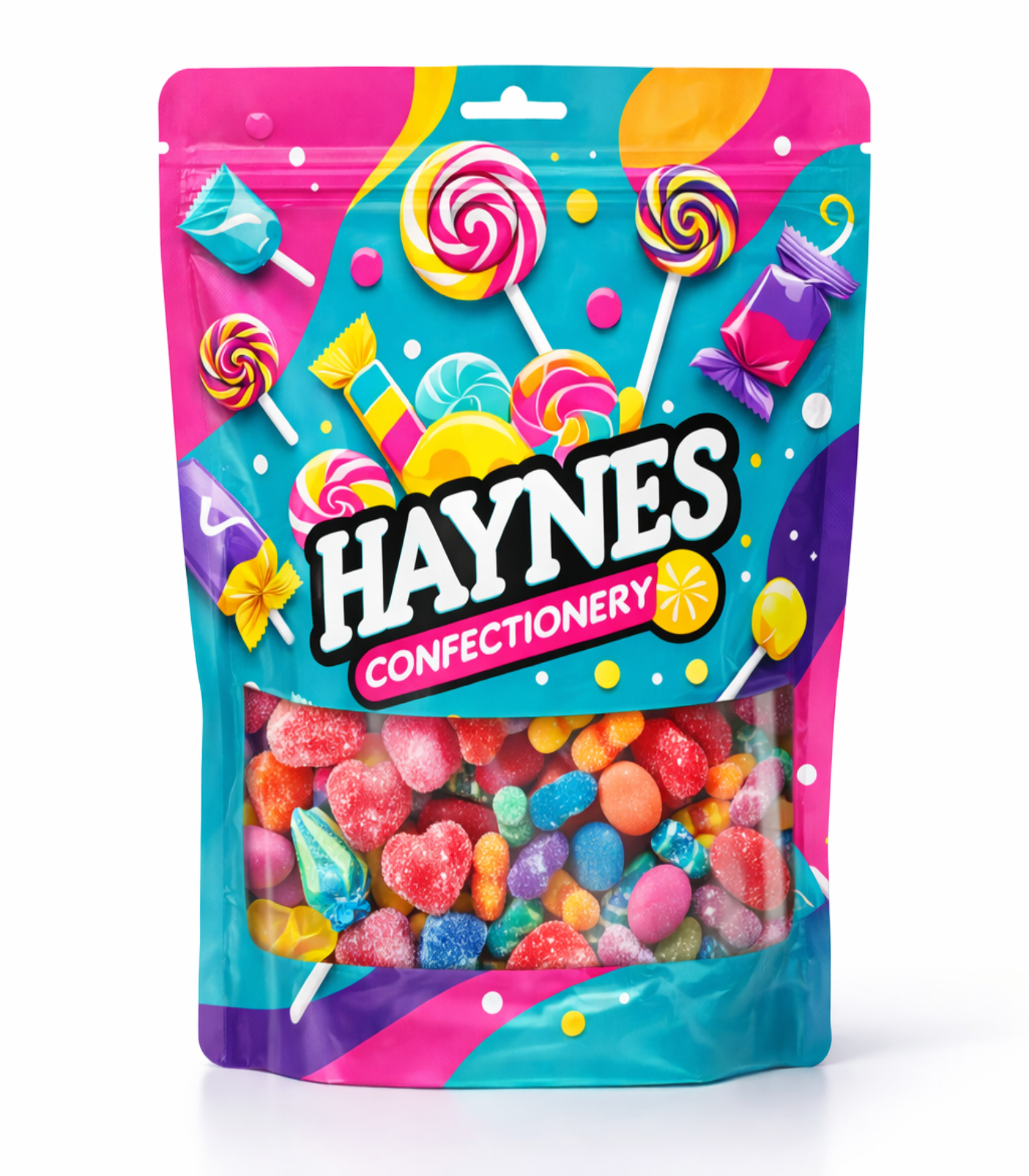 Colorful packaging of Haynes Confectionery with candy illustrations on a white background