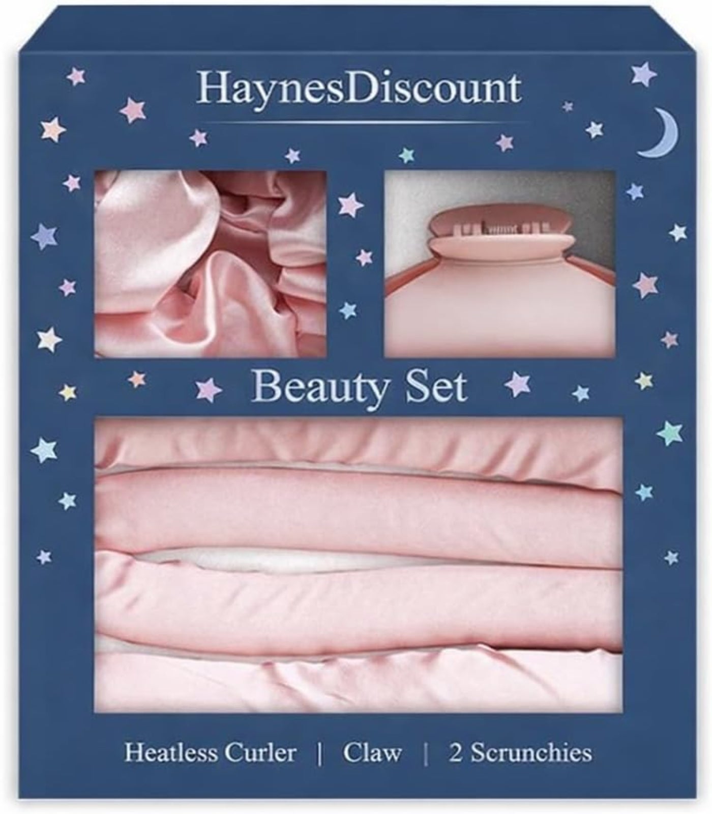 Haynes Discount beauty set packaging with pink items and blue border